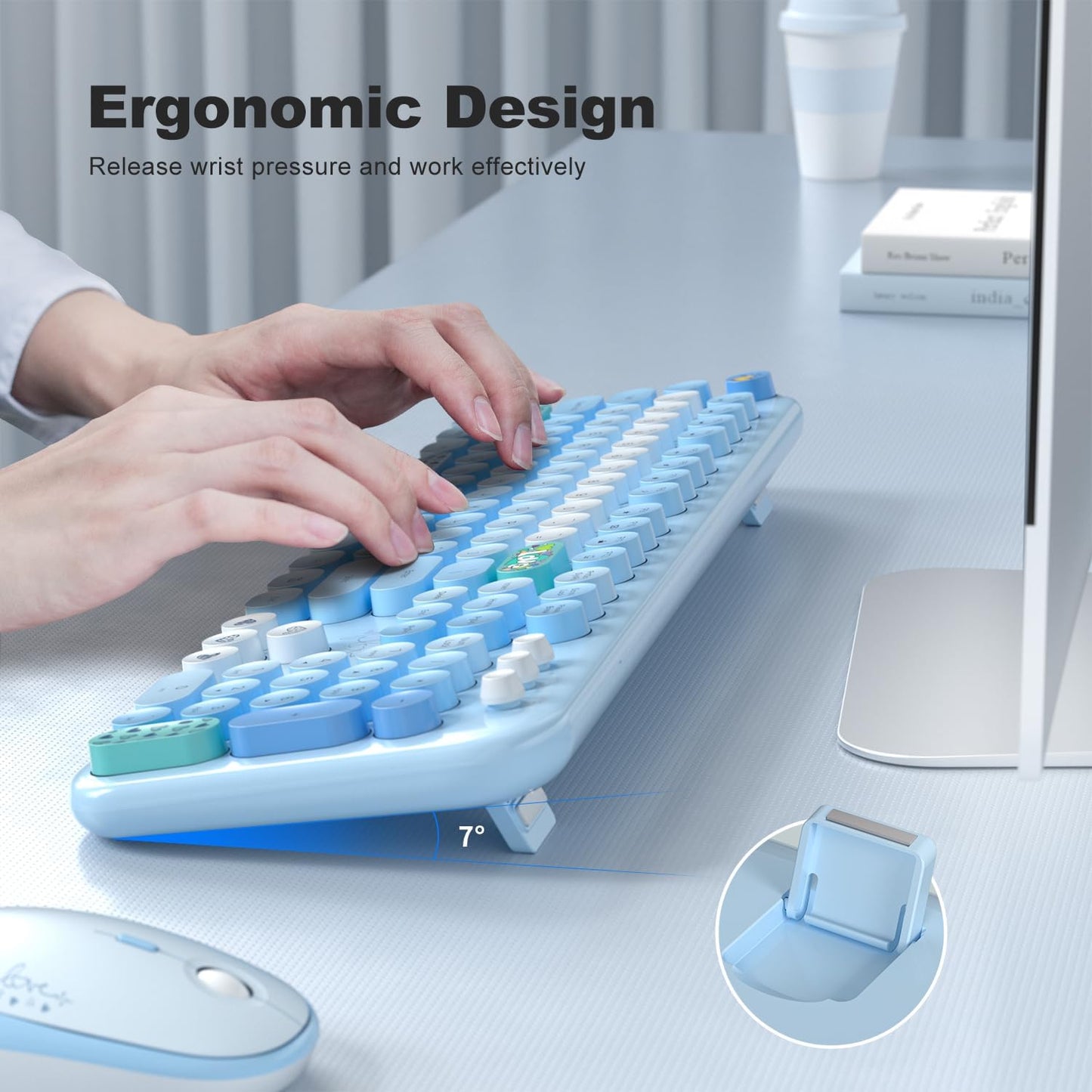 MOFII Wireless Keyboard and Mouse Combo, Cute Retro Typewriter Keyboard and Silent Mouse, 2.4GHz Full Size Computer Keyboard Wireless Mouse Set for PC, Laptop, Desktop, Windows (Blue Colorful)