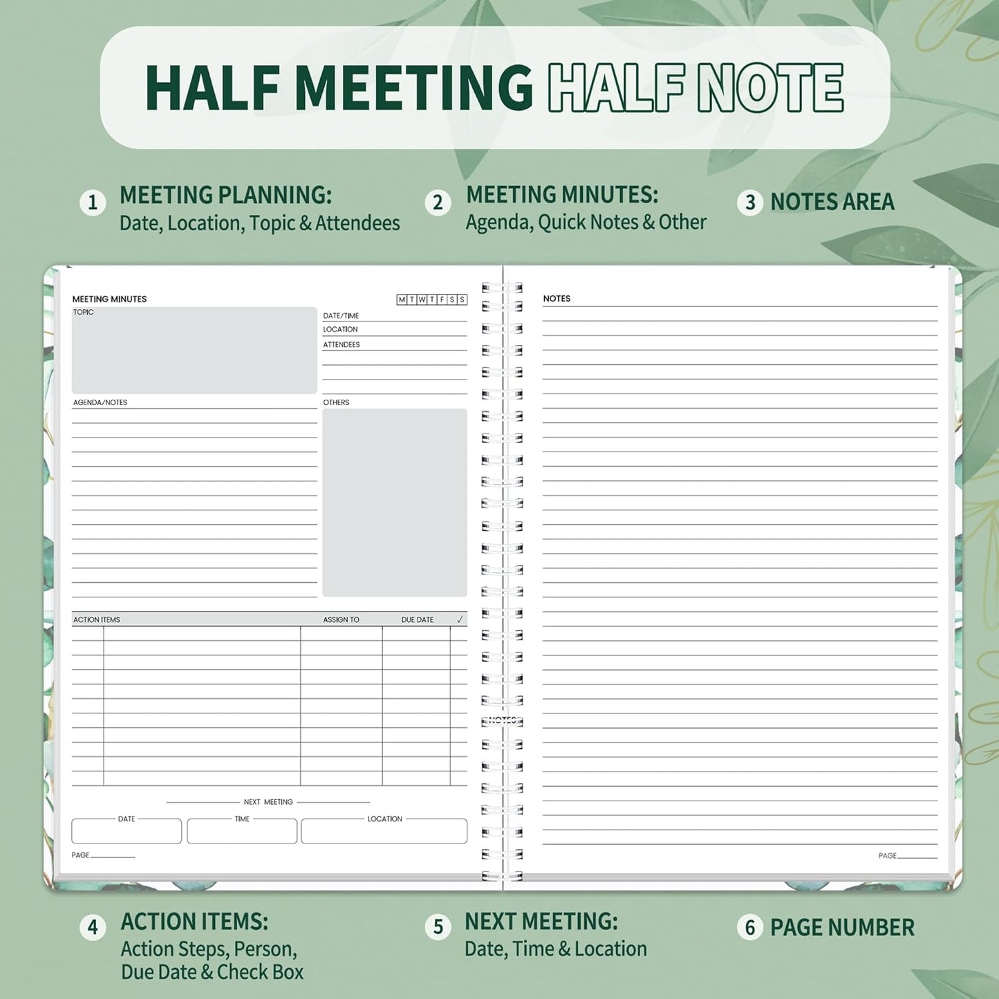 SUNEE Half Meeting Half Note - 7.5"x10" Professional Notebooks for Work - 160 Pages, B5 Size Project Planner, Spiral Meeting Agenda/Minutes Organizer for Women Men, Note Taking, Office & Business