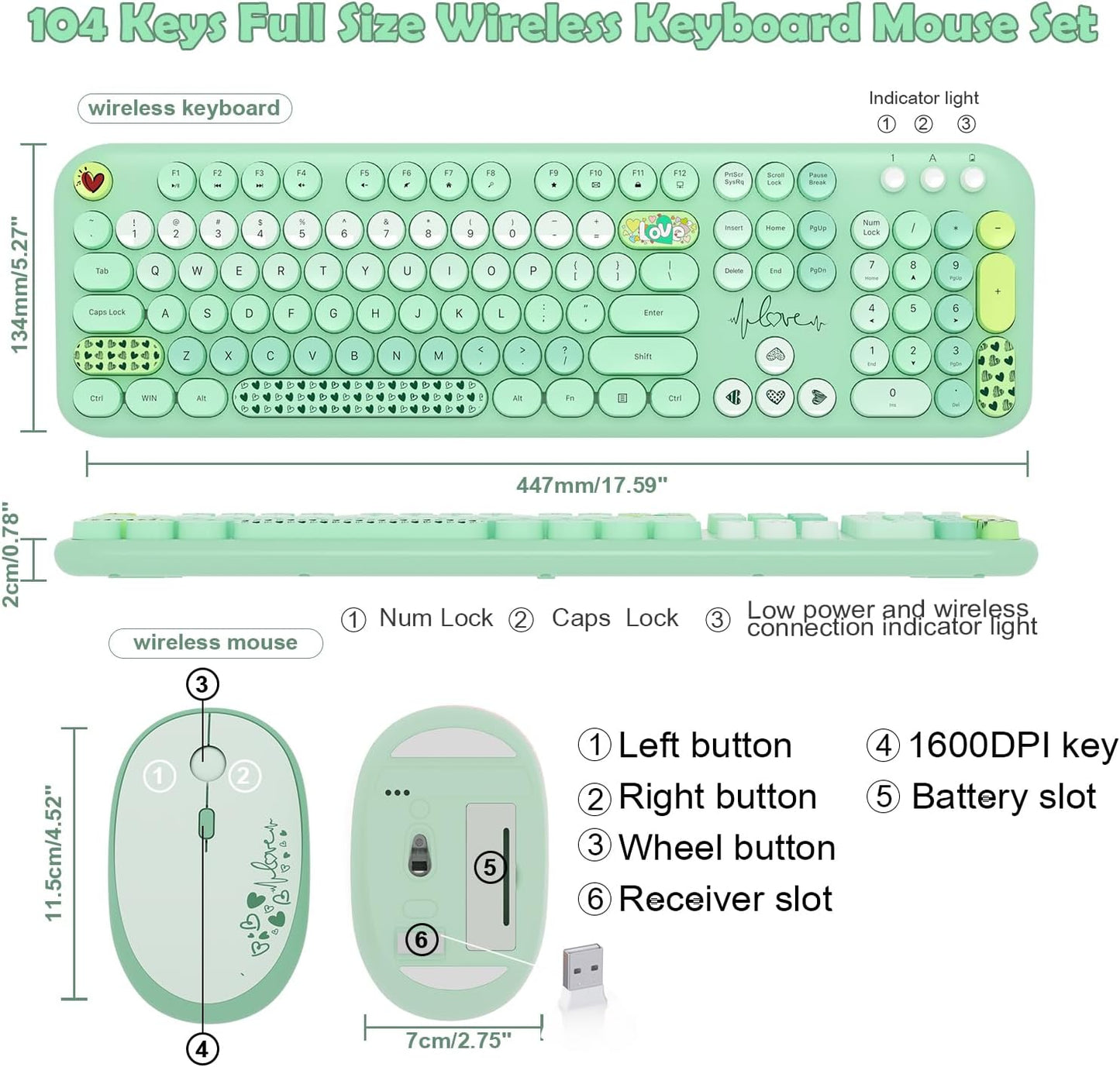 Wireless Keyboard Mouse Set,MOFII 104 Round Keys Lovely Retro Cute Colorful Computer Typewriter Keyboard and Mouse for PC/Mac/Laptop/Tablet/Computer/Windows Green
