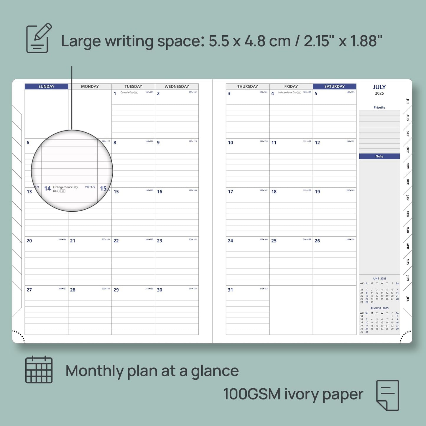 POPRUN Monthly Planner 2025-2026, 8.5'' x 11.25'', 13-Monthly Calendar (July 2025-July 2026) 15-Minute Hourly Appointment Book with Stair Tabs, Soft Cover, 100GSM Paper - Pacific Green
