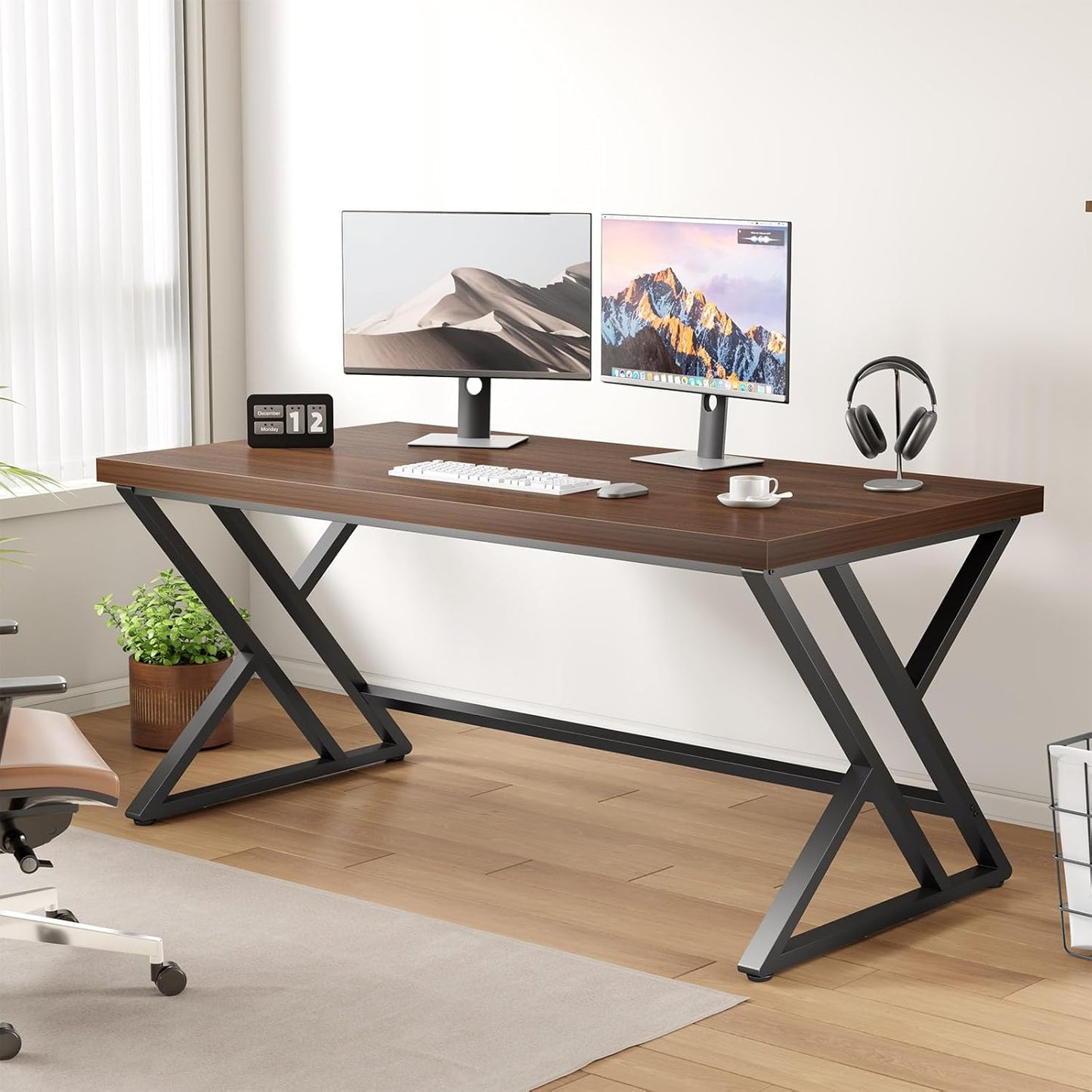 LVB Wood Computer Desk, Rustic Executive Home Office Desk for Bedroom, Industrial Metal Wooden Computer Table for Study Writing Work, Modern PC Student Simple Gaming Desk with Storage, 55 Inch, Walnut