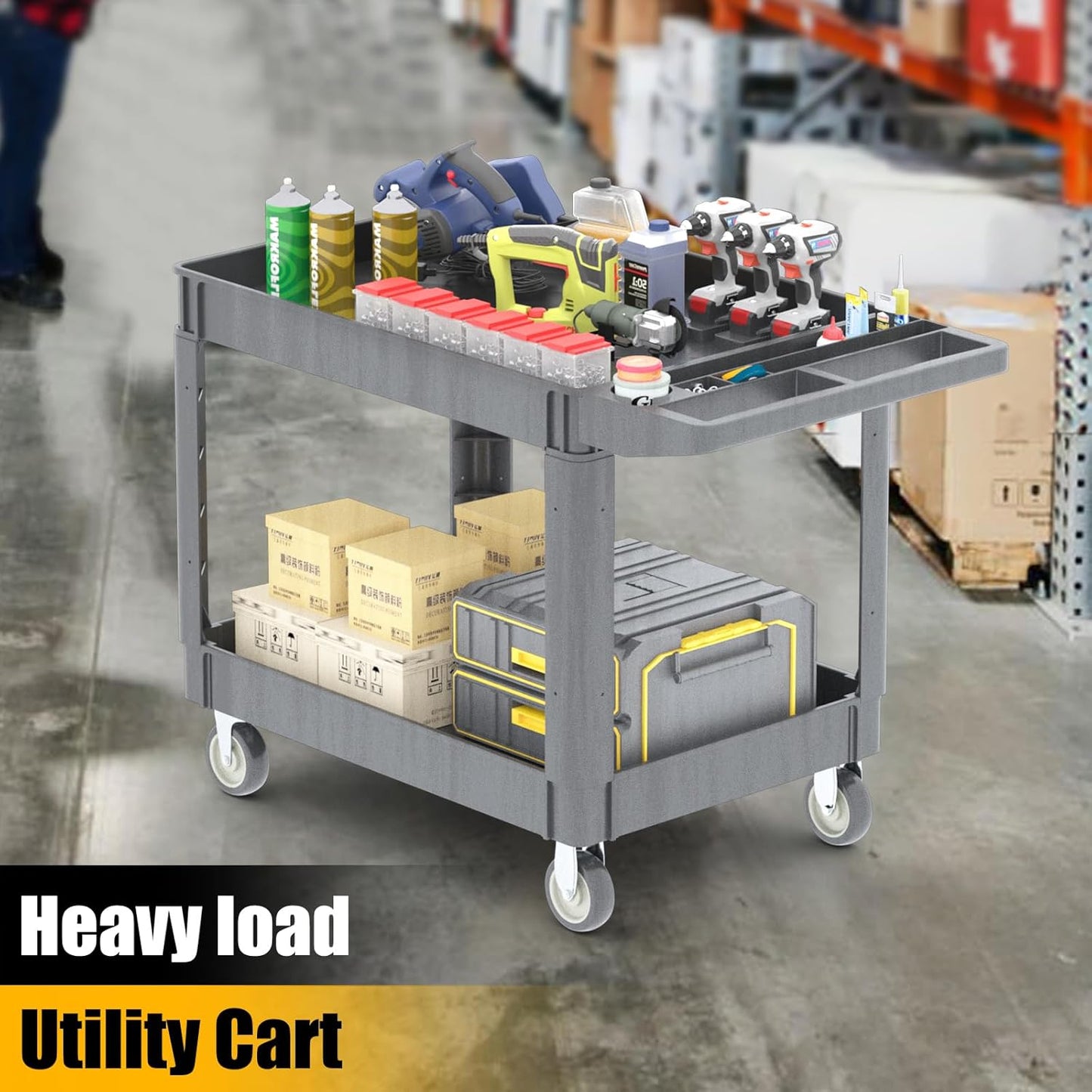 2 Tier Rolling Utility Cart on Wheels, 1000 lbs Capacity Plastic Service Cart with Lipped Shelves, 46 x 26-Inch Heavy Duty Work Cart for Warehouse, Garage, Cleaning, Gray