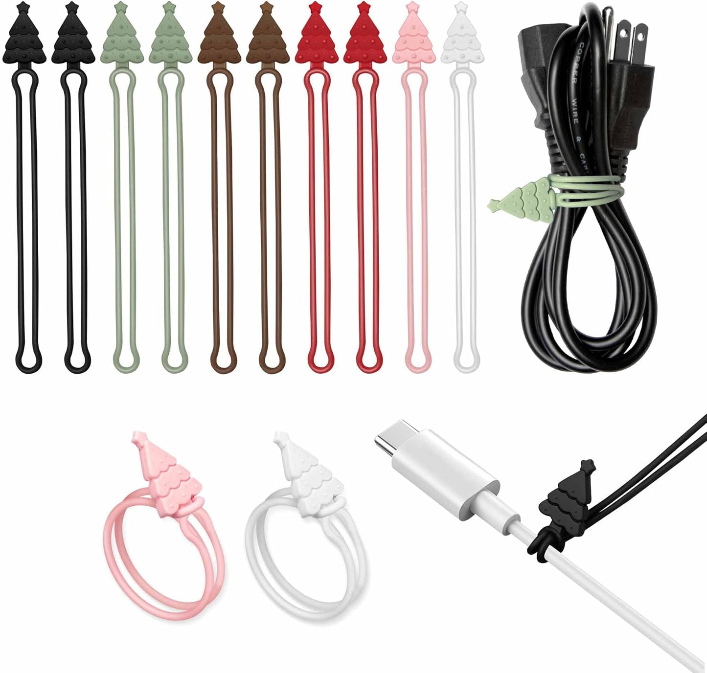 Nearockle Silicone Cable Ties Cord Organizer, 12Pcs 4.5" Reusable Cute Christmas Ties for Bundling Electrical Wire in Home, Office, School, Travel Essentials (Multicolor)