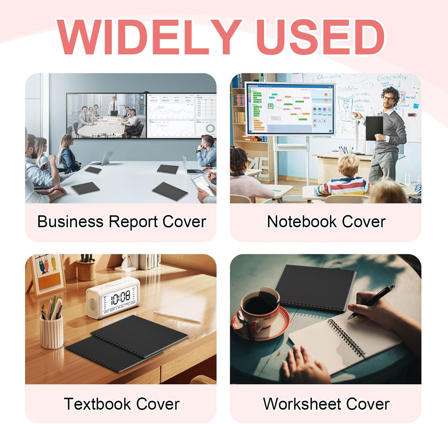 HOUYEE 100 Pack 12 Mil Poly Binding Covers,Sand Texture Binding Presentation Covers,8.5x11 Inches,Letter Size,Black,Square Corners,Un-Punched