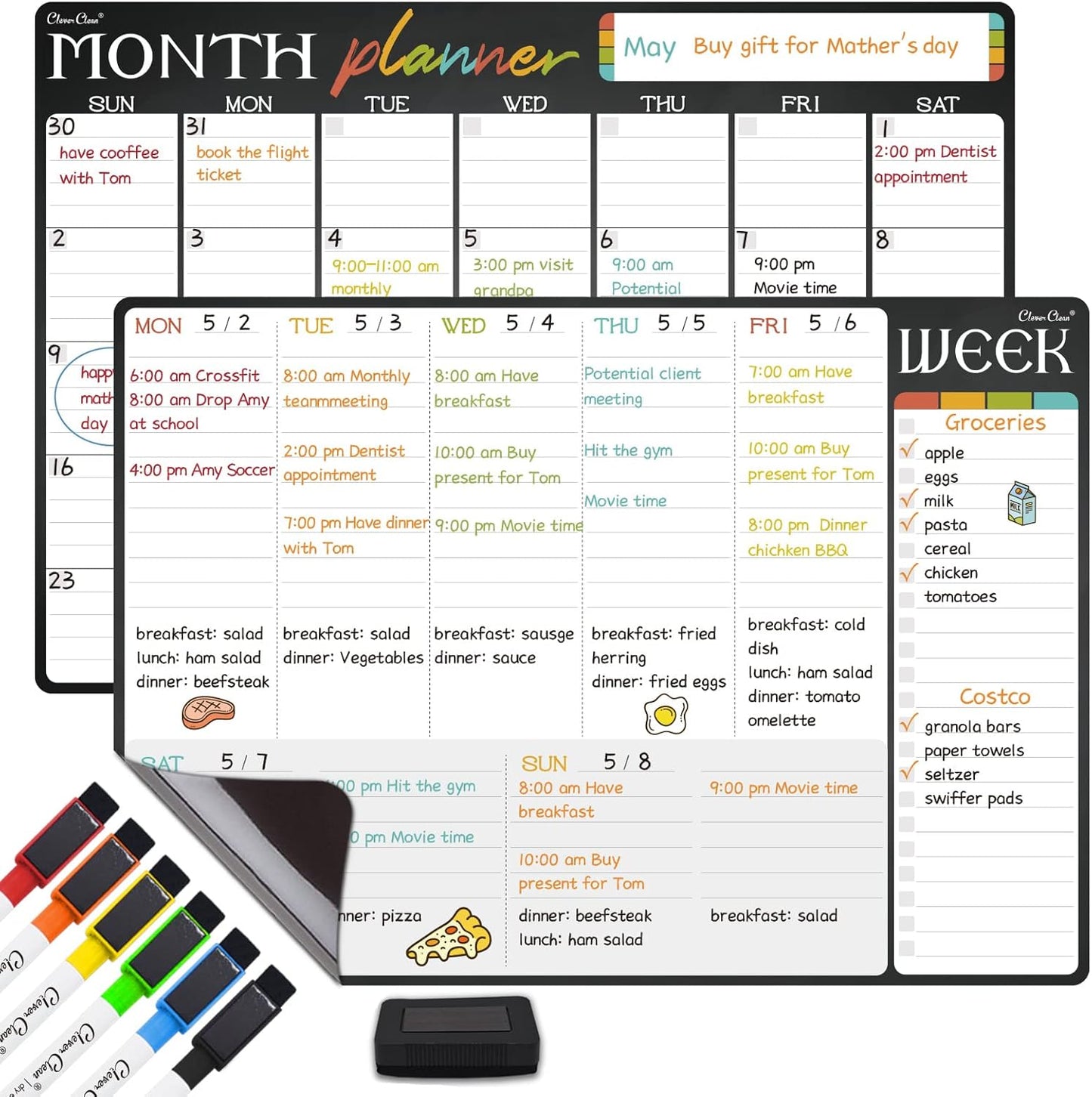 Magnetic Dry Erase Monthly and Weekly Calendar - 17"x12" Monthly and Weekly Whiteboard for Fridge - 6 Extra Fine Point Markers Included - Shipped Flat