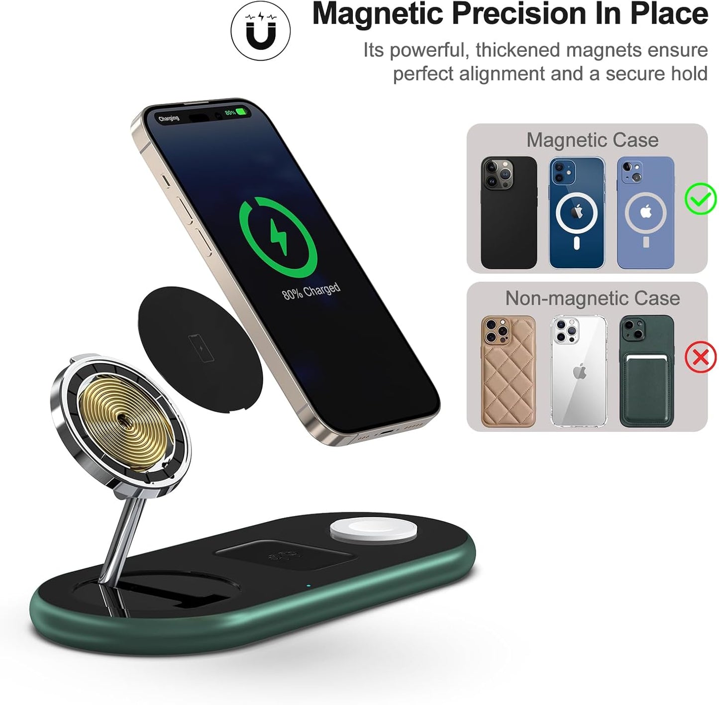 3 in 1 Charging Station for Apple Devices, Faster Mag-Safe Charger Stand, Magnetic Wireless Charger Station for iPhone 16 15 14 13 12 Pro Max Plus, Apple Watch iwacth & AirPods, (Alpine Green)