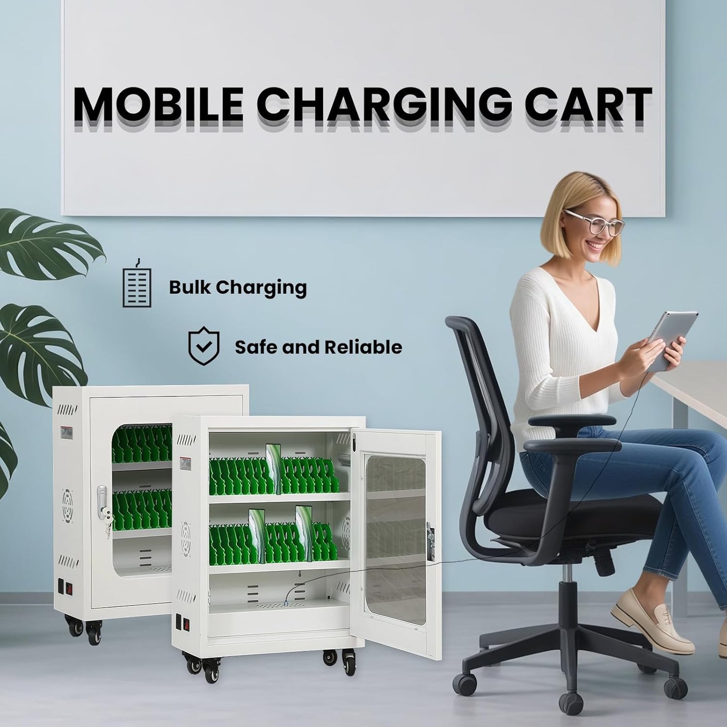 30 Device Cell Phone Charging Stations, Mobile Phone Charging Cabinet, Cellphone USB Charging Cart, Rechargeable Cellphone Locker Storage Charging Station (White, 30 Slots)