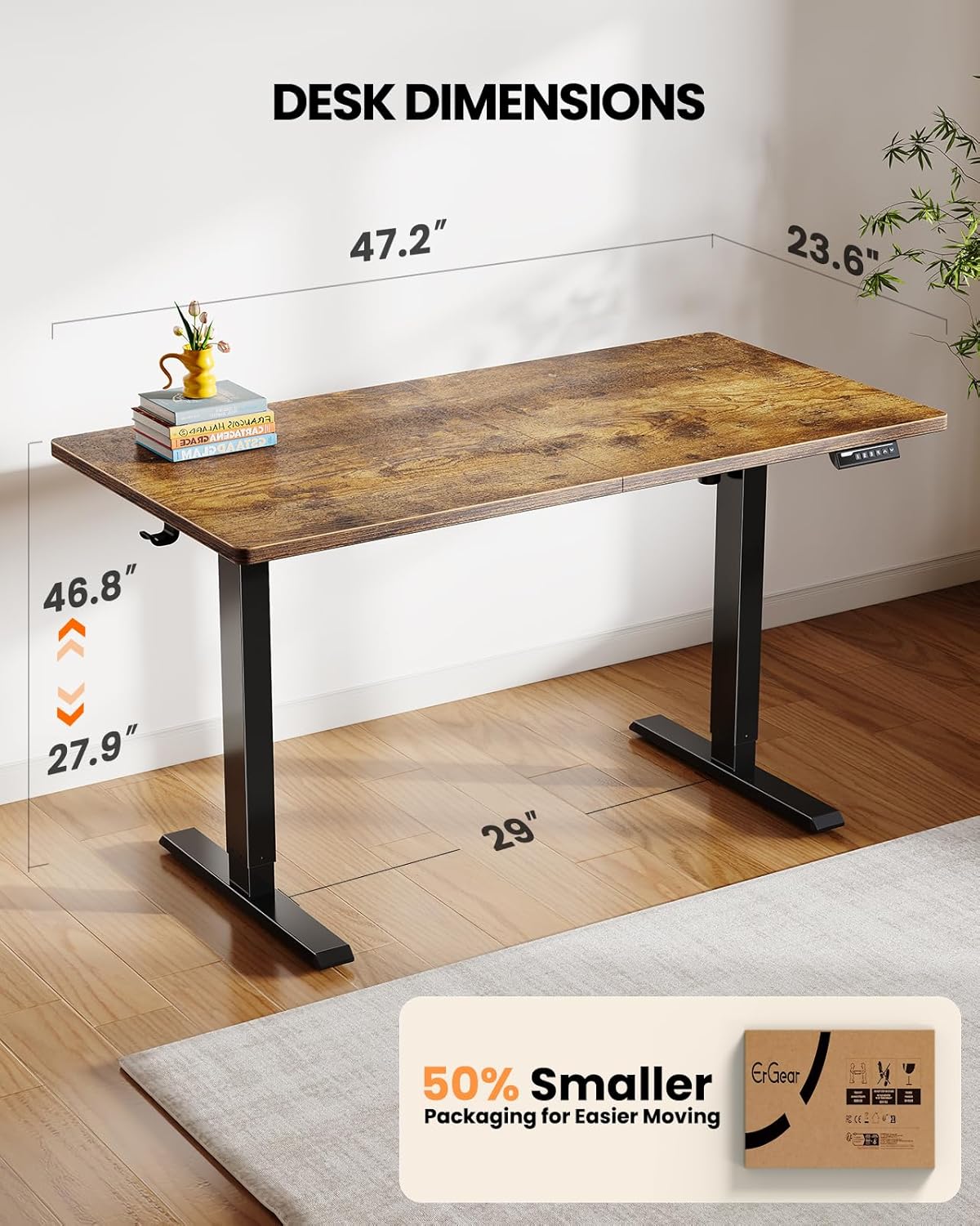 ErGear Electric Standing Desk, 48 x 24 inch Height Adjustable Sit Stand Up Desk, Computer Home Office Desk with 4 Memory Height Buttons, Two Pieces Desktop, Vintage Brown, EGESD110V