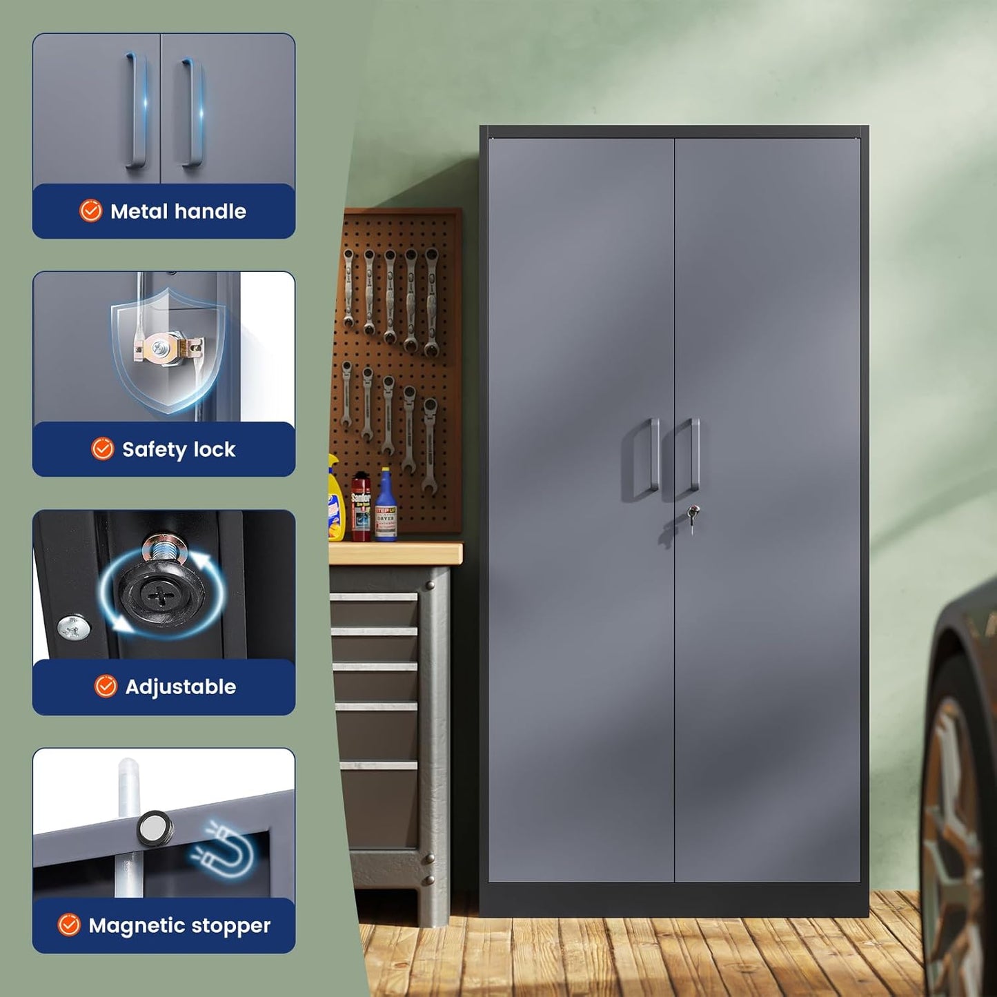 Yizosh Metal Garage Storage Cabinet with 2 Doors and 5 Adjustable Shelves - 71" Steel Lockable File Cabinet,Locking Tool Cabinets for Office,Home,Garage,Gym,School (Gray Black)