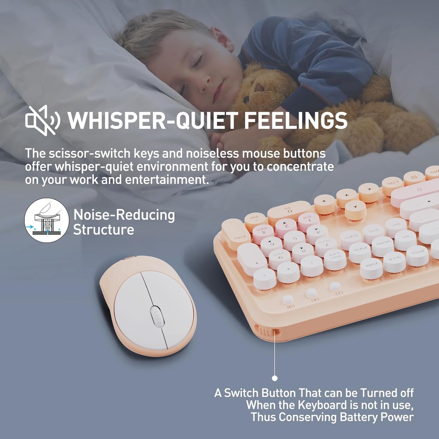 FOPETT 2.4GHz Wireless Keyboard and Mouse Set with Switch Button - Full-Size Keyboard - Compatible for Windows/Laptop/PC/Notebook/Smart TV and More - Pink