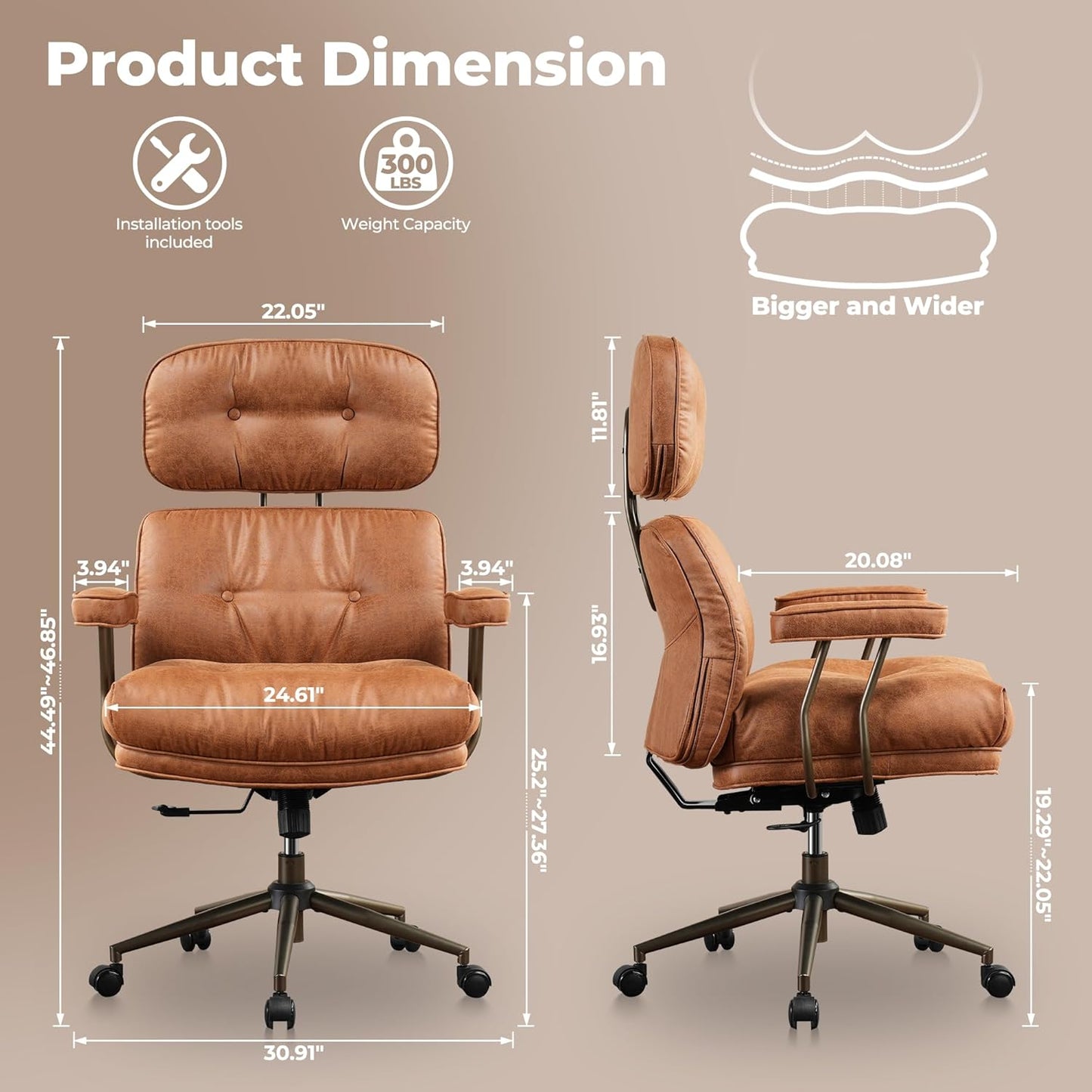 ovios Ergonomic Home Office Chair, Mid-Century Modern Faux Leather Chairs with Thickened Cushions, Comfy High Back Swivel Rolling Executive Computer Armchair (Brown, Suede Leather)