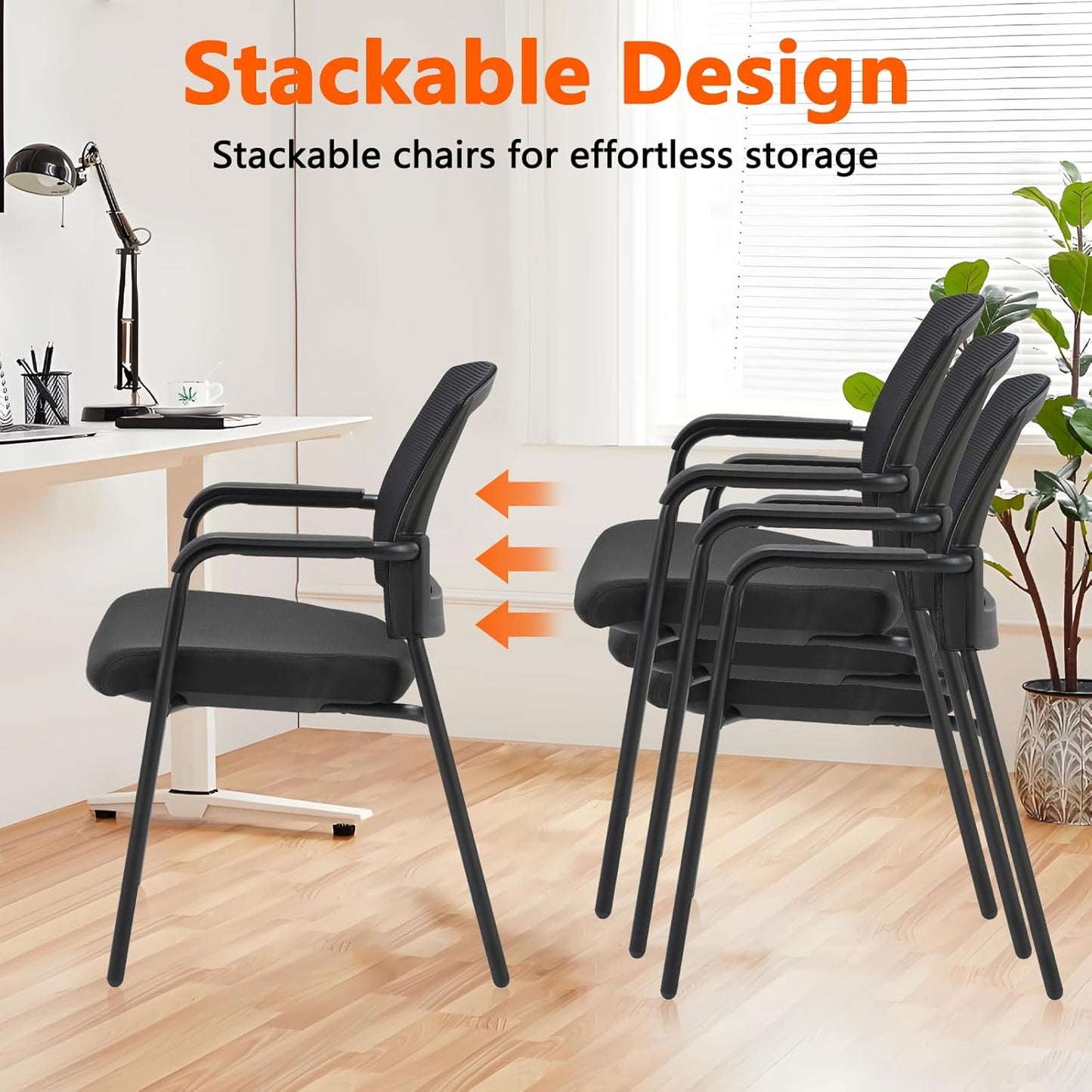 CLATINA Black Stacking Chairs Stackable Waiting Room Chairs with Armrest, Mesh Office Reception Guest Chair for Home Desk Conference Lobby Church Medical Meeting Training Ergonomic, Set of 8