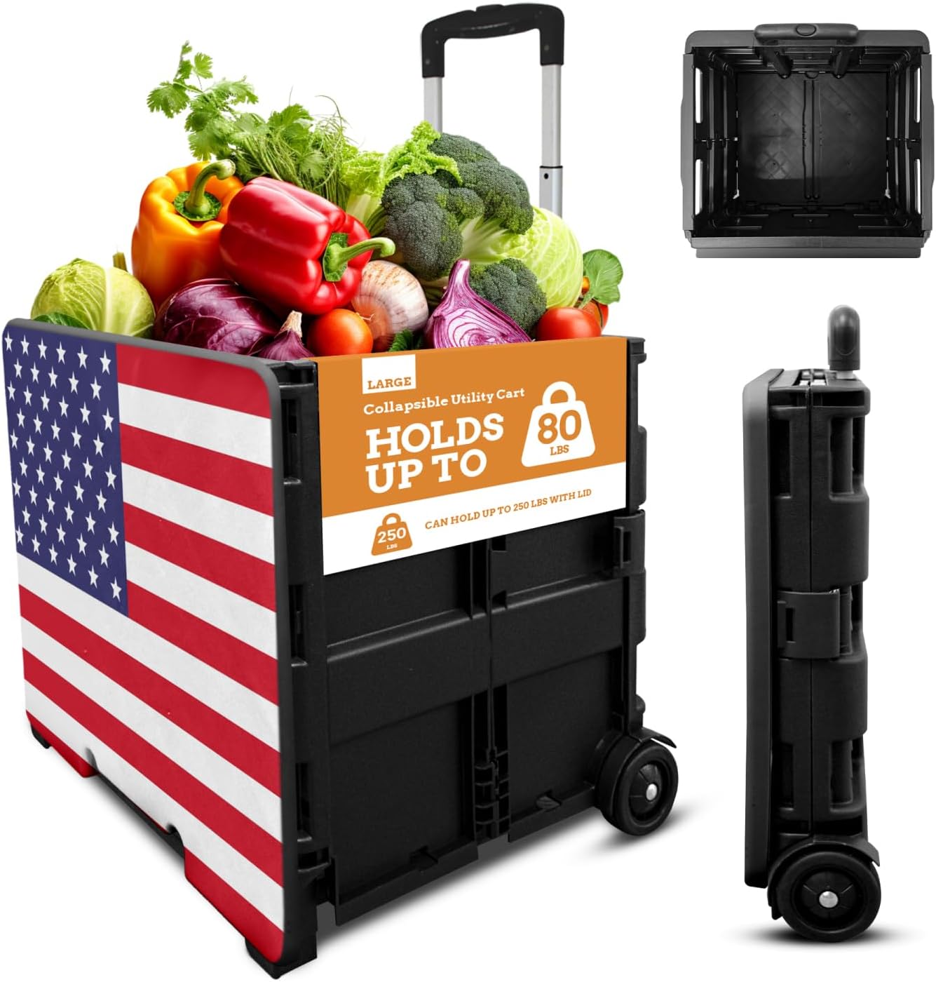 Inspired Living Collapsible Ultra-Slim Pack-N-Roll,2 Wheel Utility Cart w/Lid Used as Seat up to 250 Lbs, Telescopic Handle, Super Strong, for Home,Garden,Shopping,Office,School, Large, American Flag