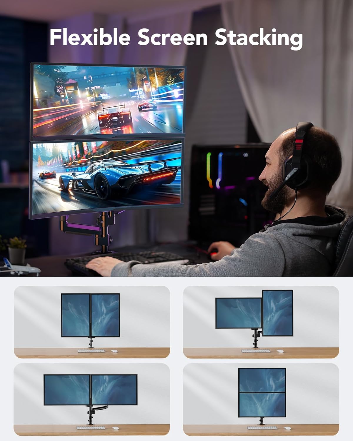 HUANUO Dual Monitor Mount up to 32 inches Screens, Taller Monitor Stand Hold 19.8lbs, Dual Monitor Arm Desk Mount Easy Adjustable with Tilt, Swivel, Rotation, VESA 75/100mm