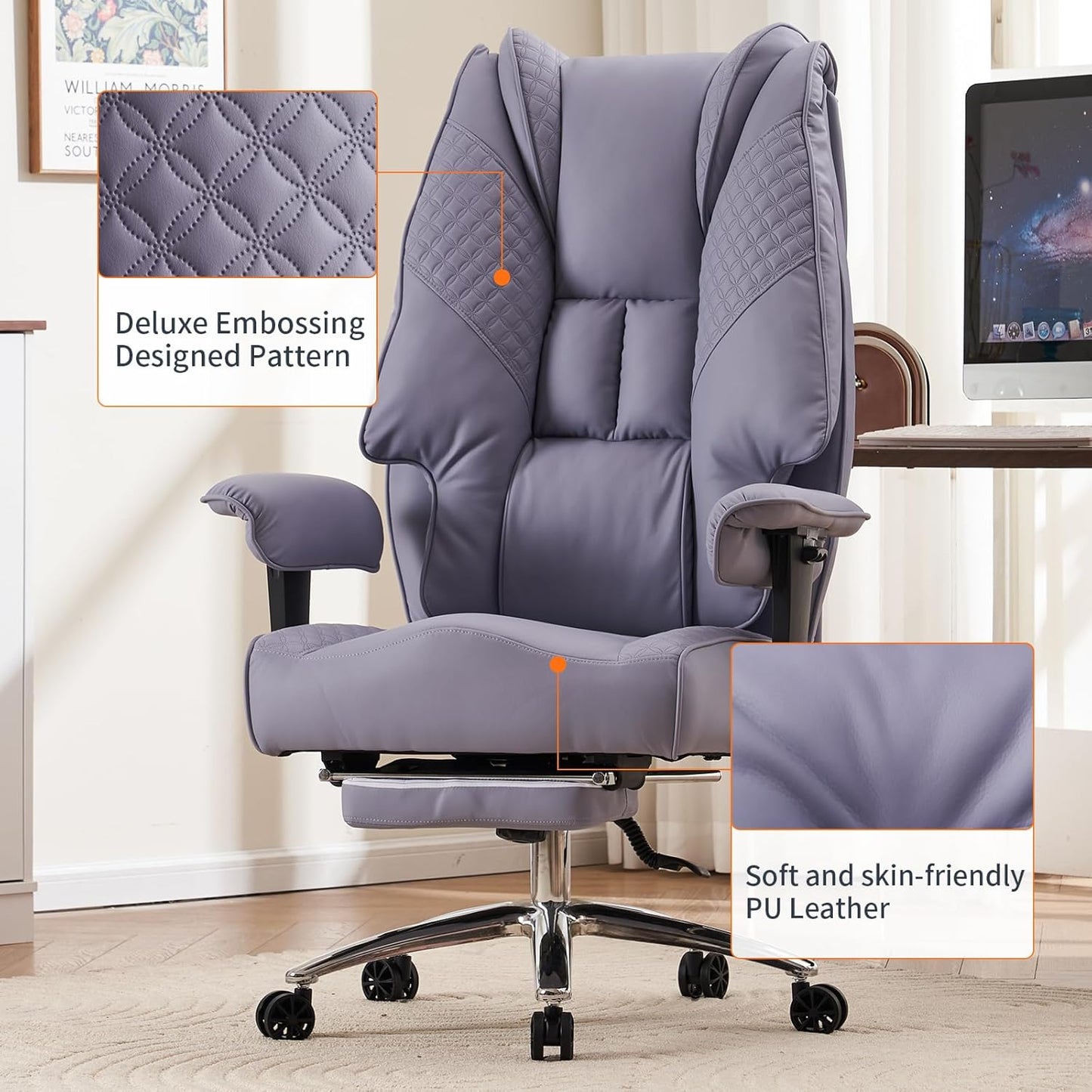 Big and Tall Office Chair 400lbs Wide Seat, Leather High Back Executive Office Chair with Foot Rest, Ergonomic Chairs Lumbar Support for Lower Back Pain Relief (Light Purple)