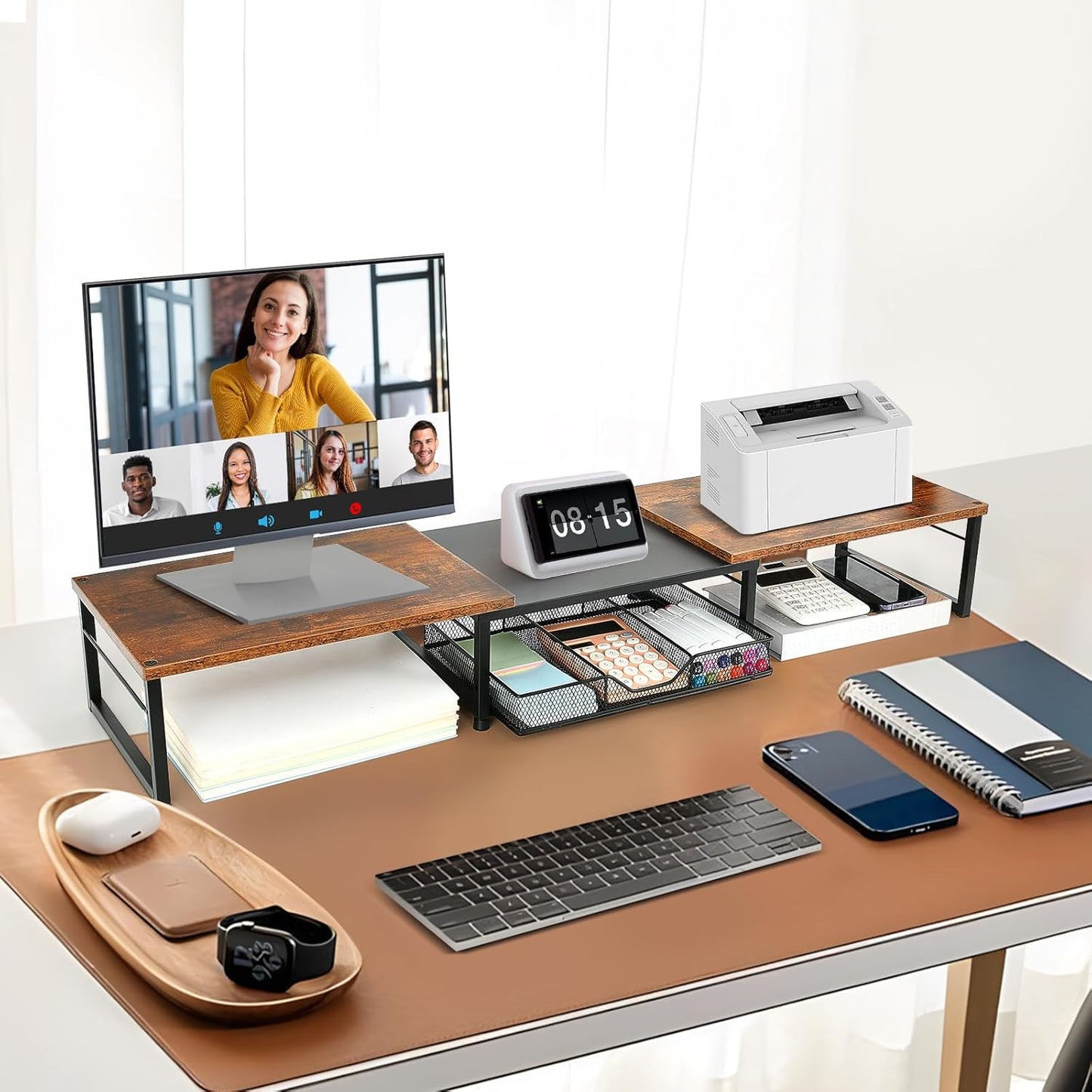 Dual Monitor Stand Riser, Desk Organizer with Drawer, Desk Organizers and Accessories, Workspace Organization Computer Monitor Stand for Laptop, Printer, TV, Office Supplies, Rustic Brown