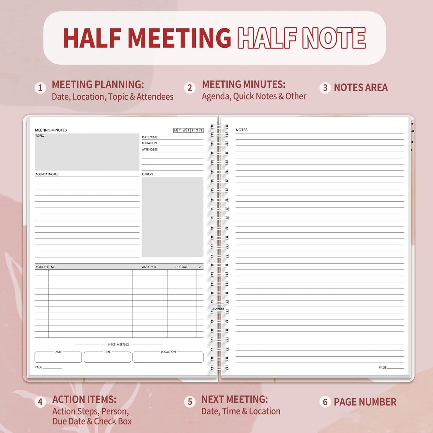 SUNEE Half Meeting Half Note - 7.5"x10" Professional Notebooks for Work - 160 Pages, B5 Size Project Planner, Spiral Meeting Agenda/Minutes Organizer for Women Men, Note Taking, Office & Business