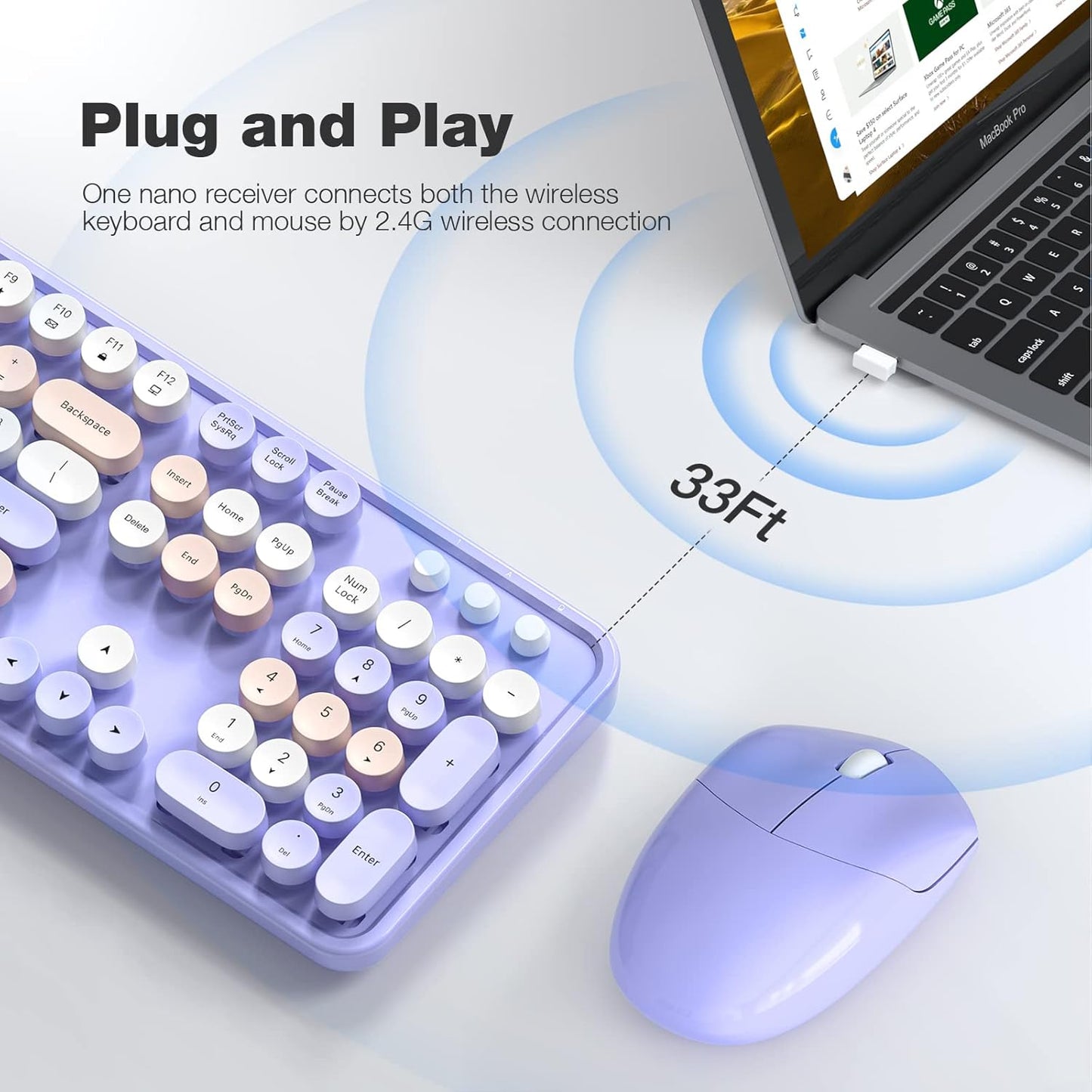 Wireless Keyboard and Mouse Combo, 104 Keys Full-Sized Typewriter Keyboards, 2.4 GHz USB Receiver Plug and Play, for Windows, PC, Laptop, Desktop (Purple Colorful)