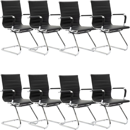 Black Office Desk Chair No Wheels Set of 8 PU Leather Computer Chairs Mid Back Guest Chairs for School Reception Conference Waiting Room, Black