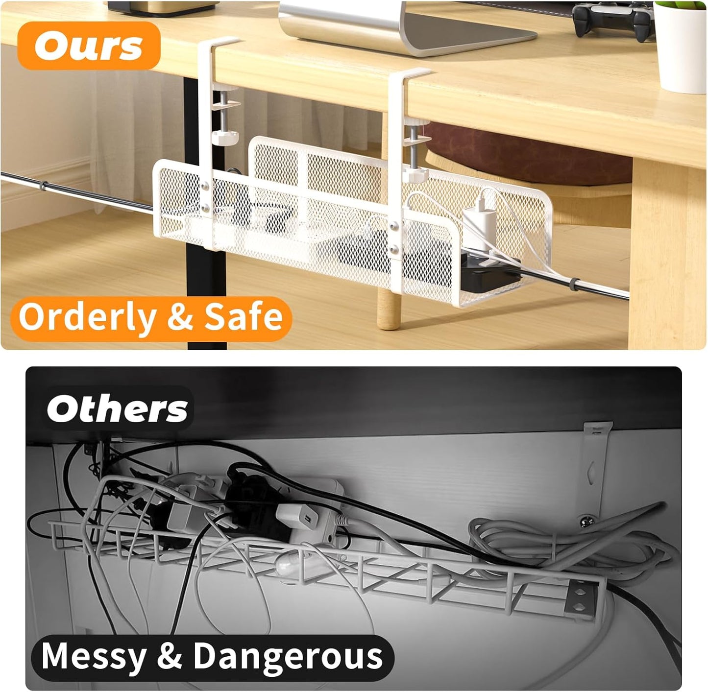 Under Desk Cable Tray - Wire Management Organizer Box, Cord Raceways for Office, Home - No Damage, No Drill