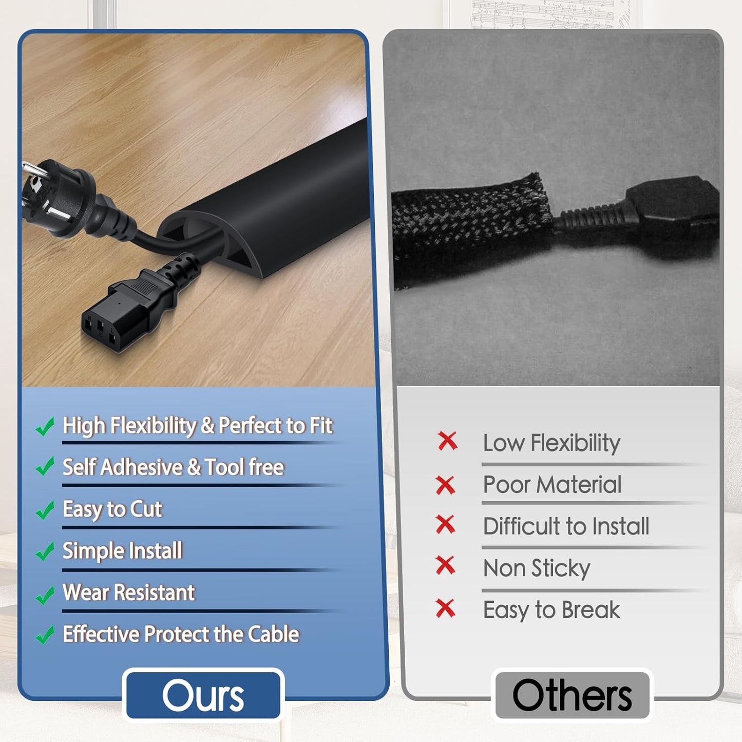 Floor Cord Cover for Wires on Floor Self Adhesive Cord Hider Floor Cable Management Wire Covers for Cords Protector Prevent Cable Trips Cord Cavity W 0.47" x H 0.27", Black, 20Ft