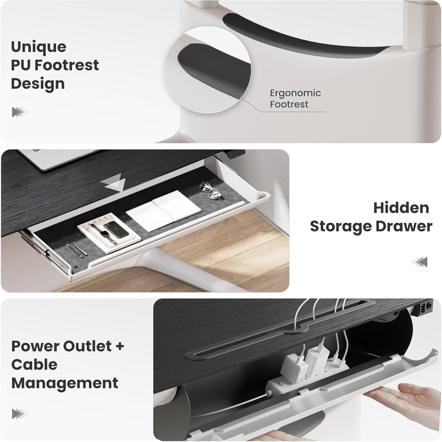 COLAMY Electric Standing Desk, Whole-Piece Gaming Desk with Dual Motors, Ergonomic Footrest, Drawers for Storage, Adjustable Height Sit-Stand Desk for Home Office (Veneer Desktop, Black Oak + White)