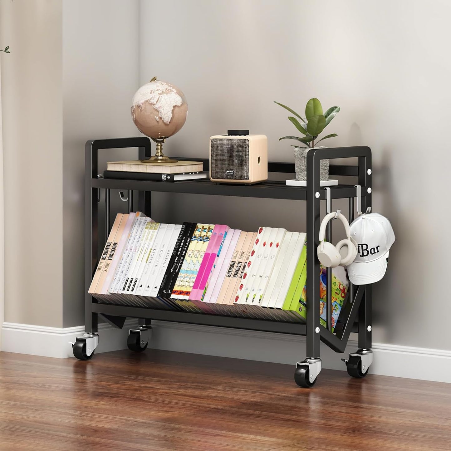 Bookshelf Movable Book Cart Multi-Layer Storage Rack Large-Capacity Rolling Cart L-Shaped Carbon Steel Shelf Suitable for Storing Books, Magazines, Newspapers, Shoes