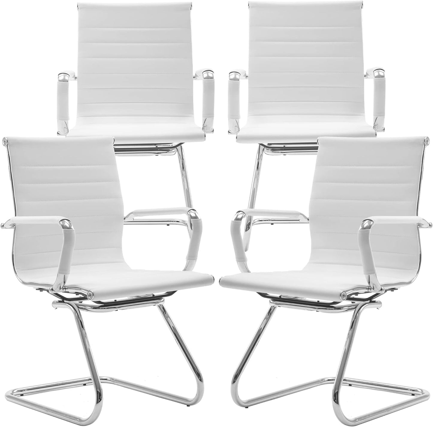 White Office Desk Chair No Wheels Set of 4 PU Leather Computer Chairs Mid Back Guest Chairs for School Reception Conference Waiting Room, White