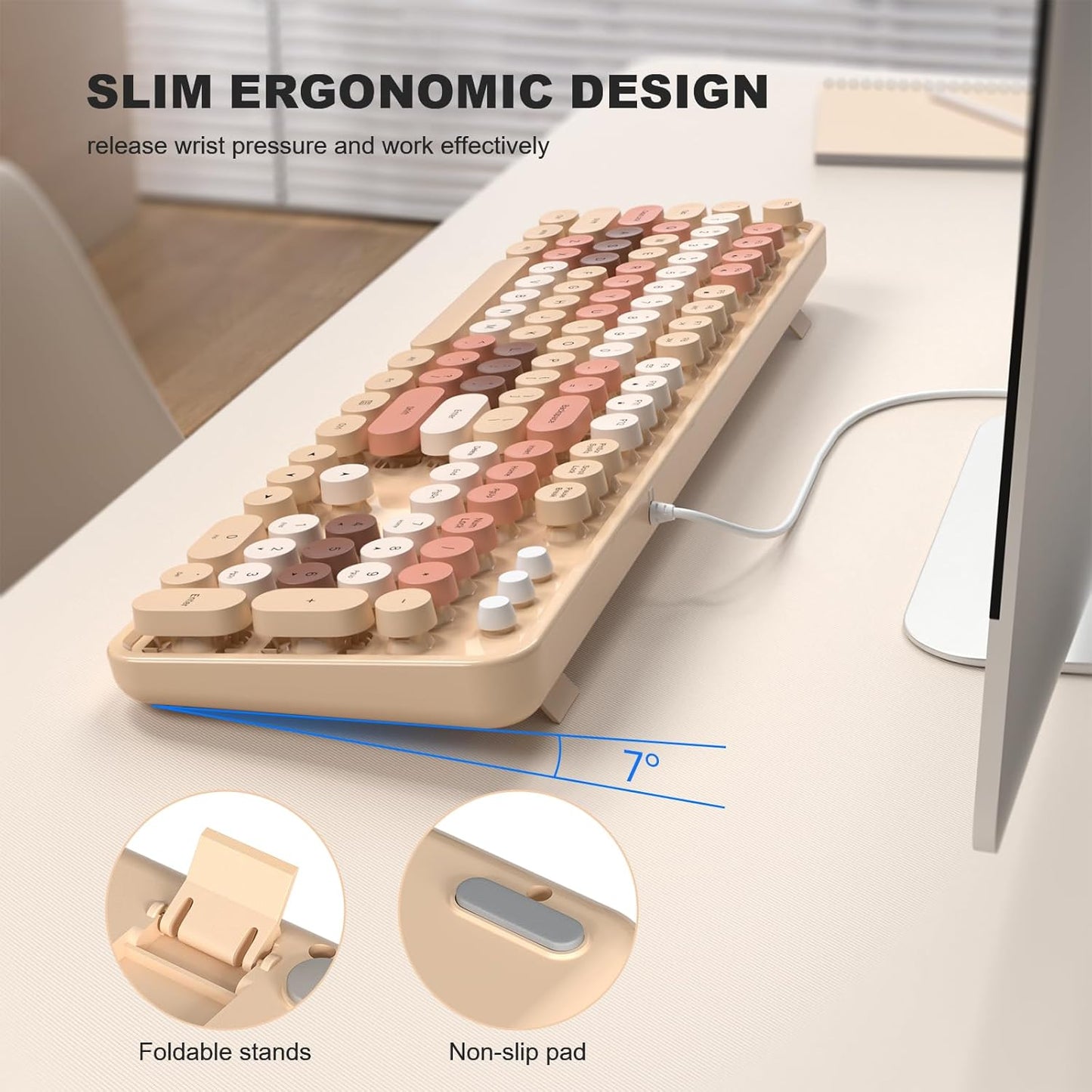 Computer Wired Keyboard, Plug Play USB Full-Size Keyboard with Large Number Pad, Caps Indicators, Foldable Stands, for Windows 7/8/10 PC Laptop (Milk Tea Colorful)
