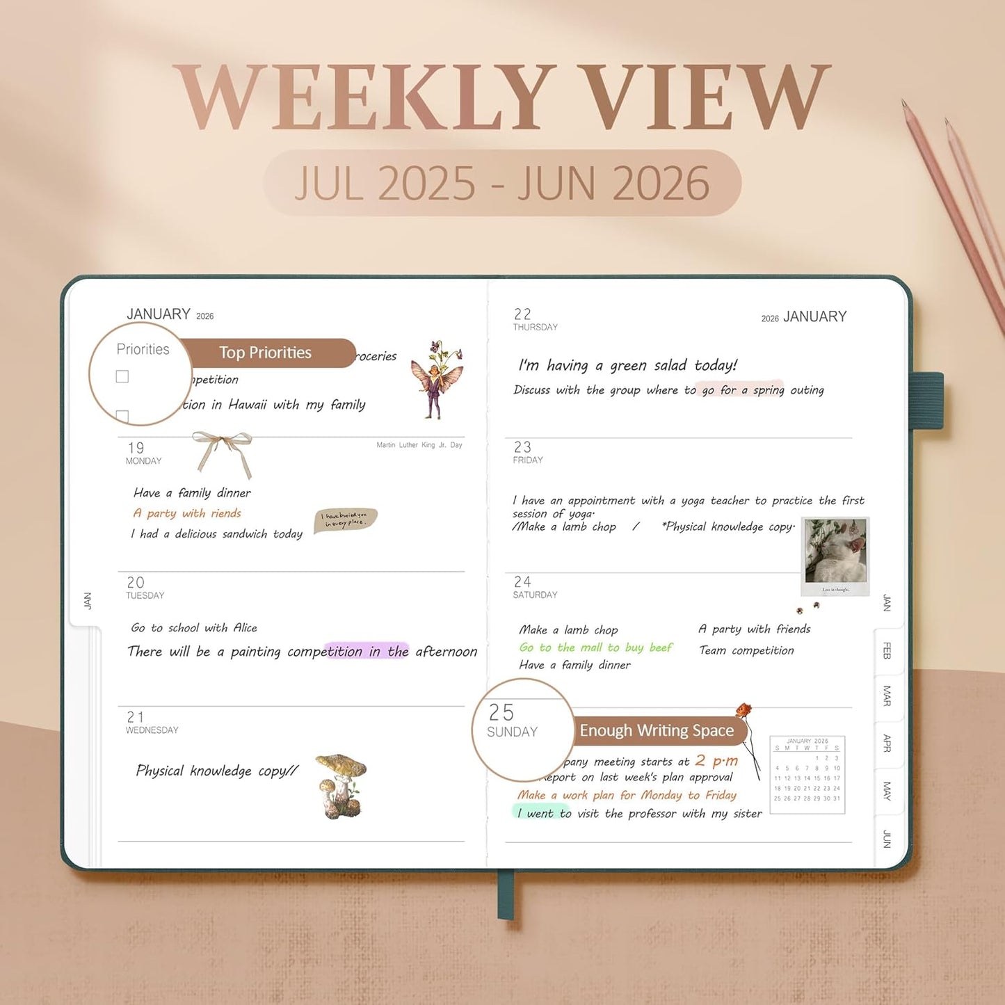 Planner 2025-2026, Academic Linen 2025-2026 Monthly Planner July 2025 to June 2026, Weekly & Daily Organizer with Tabs, Note Pages, Hardcover 5.65" x 8.15"- Ideal for School, Work & Productivity-Green
