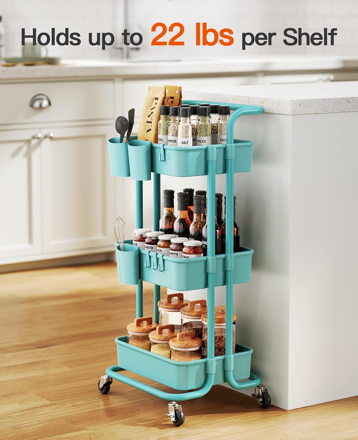 Pipishell 3 Tier Rolling Cart with Wheels - Rolling Storage Cart with 3 Hanging Cups & 4 Hooks - Art & Craft Carts Organizer for Office, Kitchen, Craft Room, Bedroom, Laundry Room (Turquoise)
