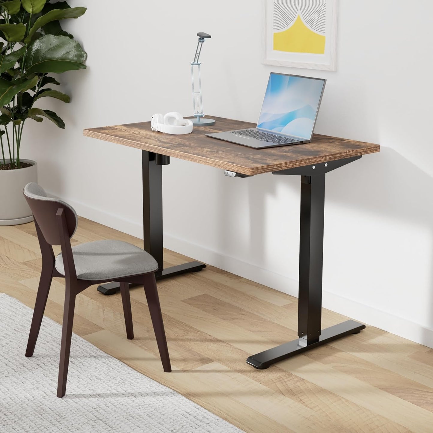 FLEXISPOT EN1 Whole-Piece Standing Desk, 48x24 Electric Sit Stand Desk for Home Office (Black Frame + Rustic Top, 2 Packages)