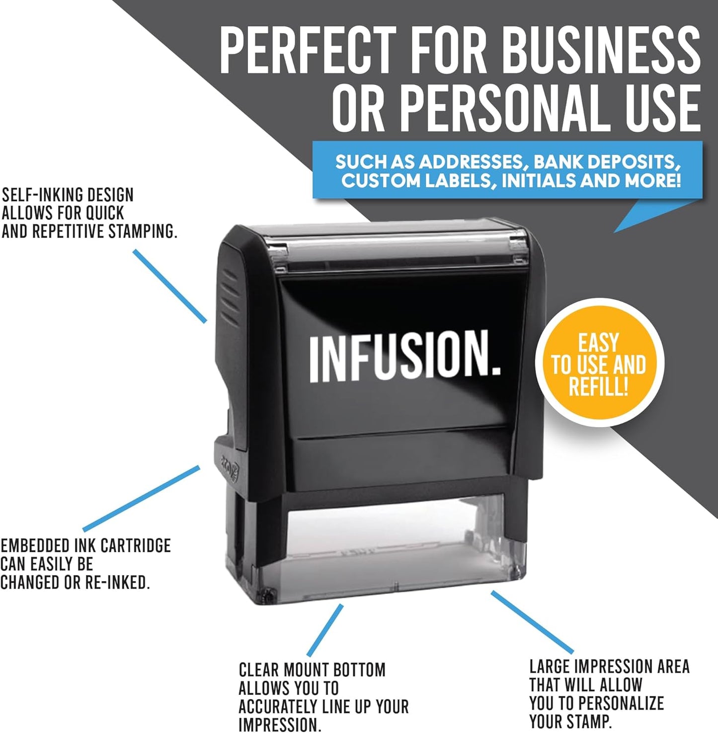 Infusion Self-Inking Custom Rubber Stamp (Personal or Business Use) - Choose from 16 Colors (3/4" x 1-7/8")