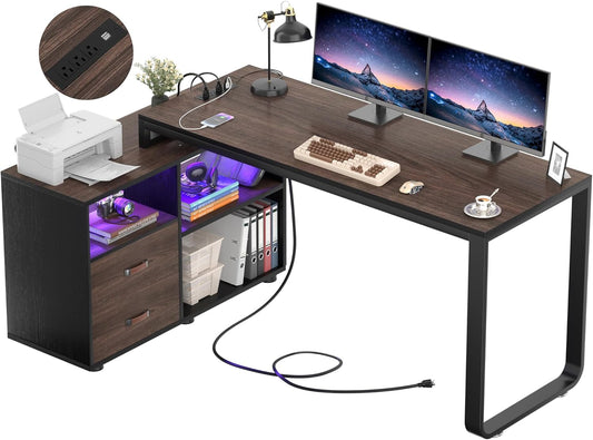 Homieasy L Shaped Desk with File Cabinet & Power Outlet, Reversible 55 Inch Large Corner Computer Desks with LED Strip, L-Shaped Computer Desk with Drawers and Storage Shelves, Espresso
