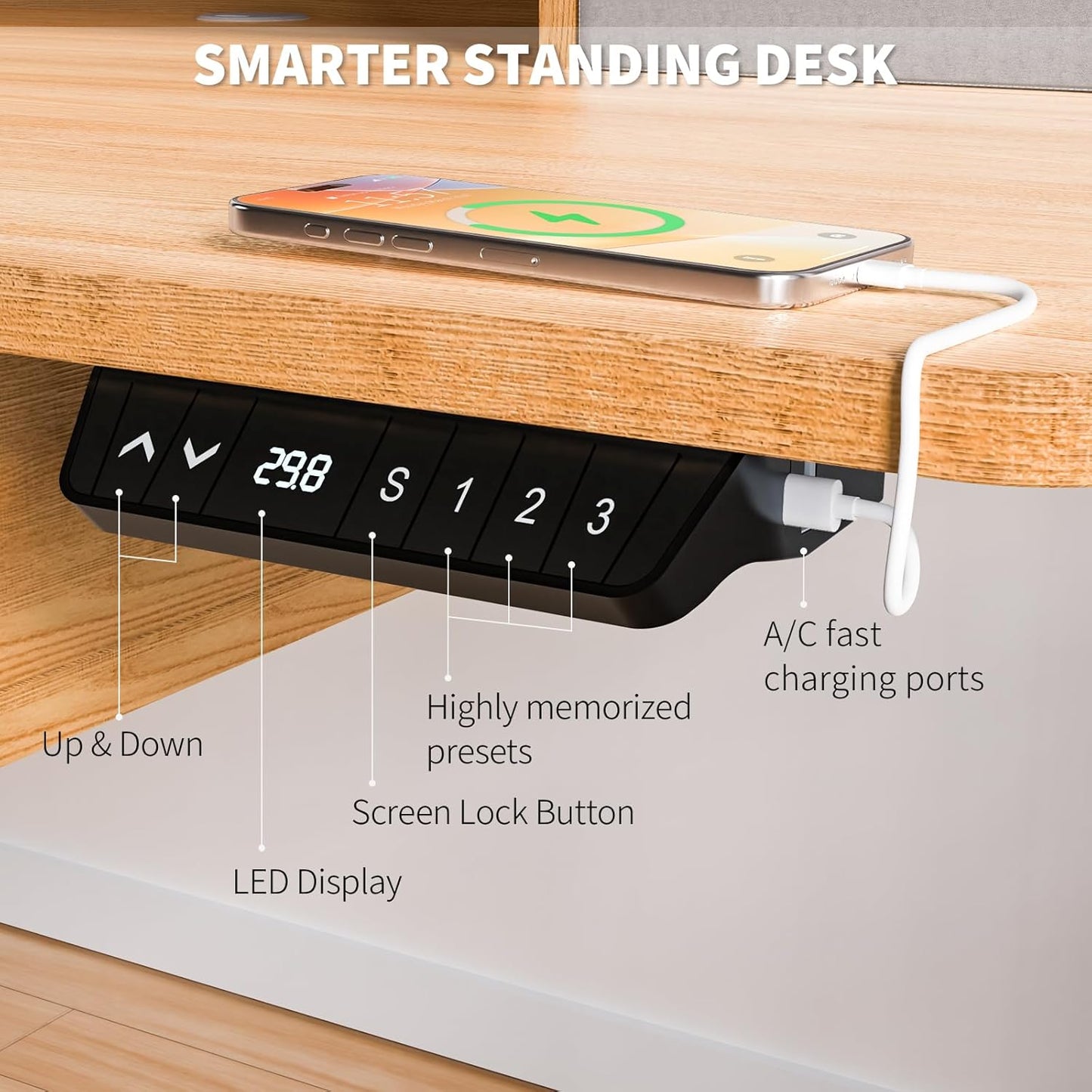 48 * 30 Inches Electric Standing Widened Desk Adjustable Height with 4 Drawers, Double Storage Shelves, Home Office Workstation Sit Stand up Desk (Nature)