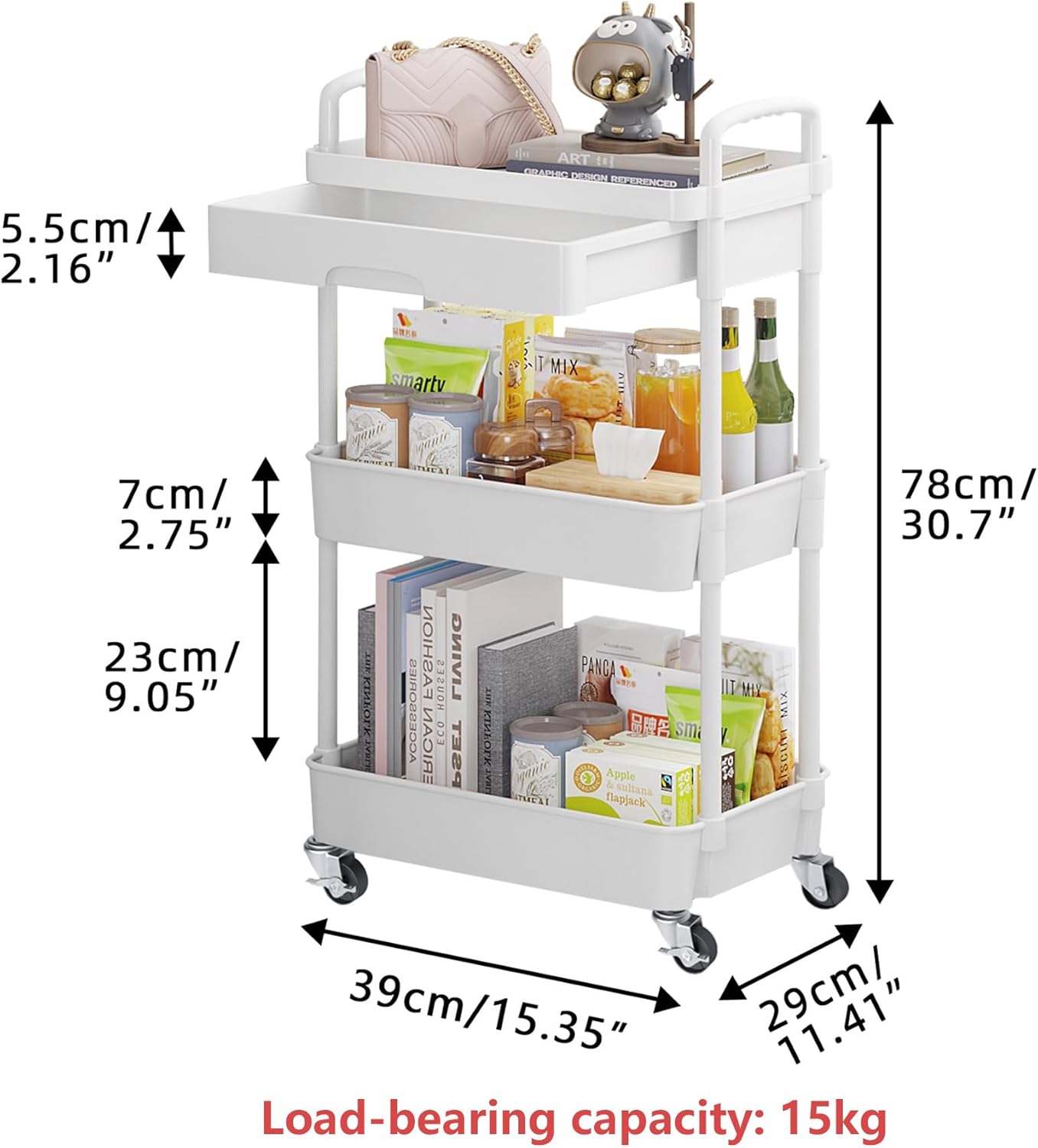Calmootey 3-Tier Rolling Utility Cart with Drawer,Multifunctional Storage Organizer with Plastic Shelf & Metal Wheels,Storage Cart for Kitchen,Bathroom,Living Room,Office,White