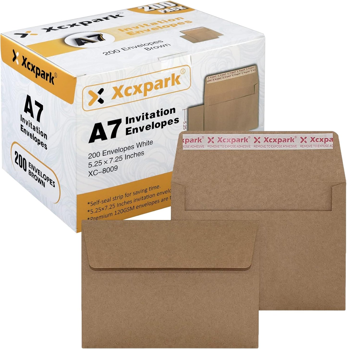 200 Qty Printable A7 Invitation Envelopes 5.25 x 7.25, Self Seal 120GSM Brown Kraft Paper Envelopes for Invitations, Papers, Photos, Documents, Wedding, Baby Shower, Easy to Seal
