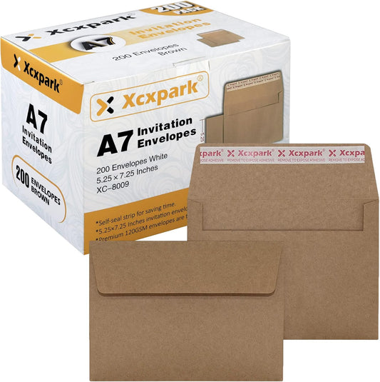 200 Qty Printable A7 Invitation Envelopes 5.25 x 7.25, Self Seal 120GSM Brown Kraft Paper Envelopes for Invitations, Papers, Photos, Documents, Wedding, Baby Shower, Easy to Seal