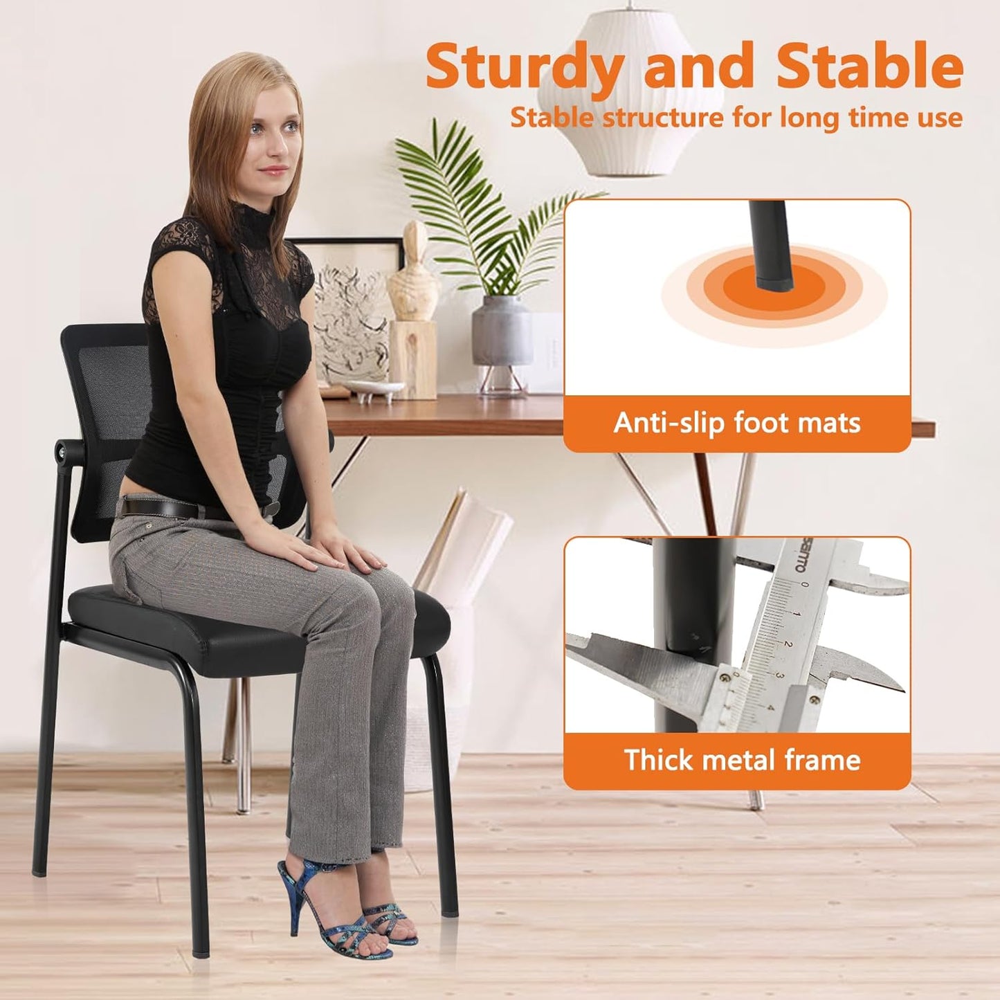 CLATINA Stackable Waiting Room Chair with Adjustable Mesh Backrest, Armless Office Guest Reception Chairs with Leather Cushion and Ergonomic Lumbar Support for Conference Lobby Side School, Black, 2PK