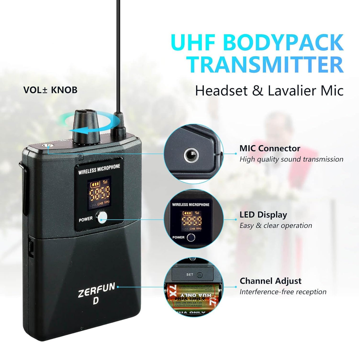 Pro Wireless Microphone System 4 Channel, UHF Metal Cordless Handheld Headset Lavalier Lapel Mics for Church Karaoke Singing, 4x50 Adjustable Frequency(G8 Battery 2 Handheld 2 Bodypack)