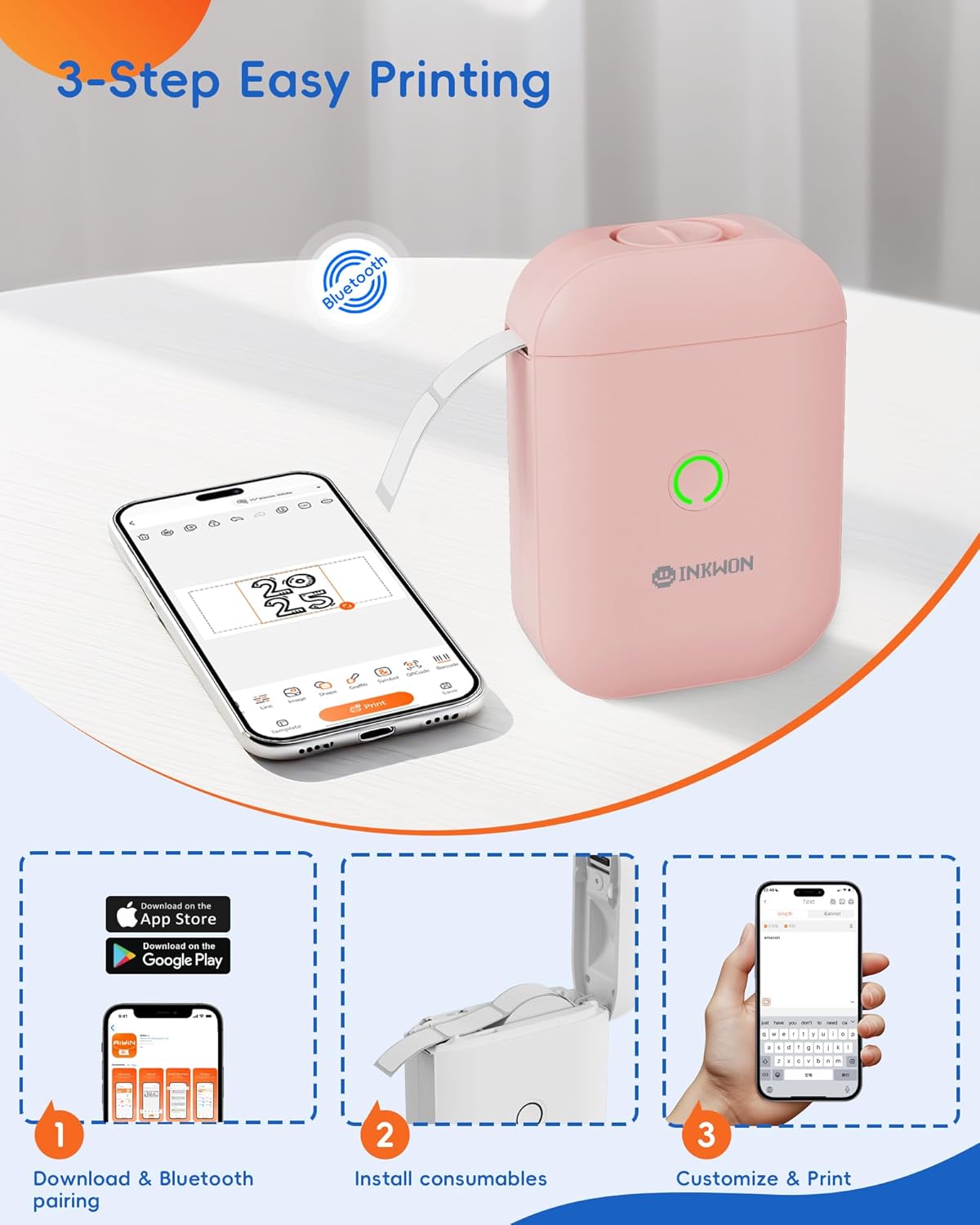 Label Maker Machine with 3 Tapes, D11s Bluetooth Label Maker Waterproof Labels, Portable Mini Label Printer with Various Templates for Home Office School, Pink