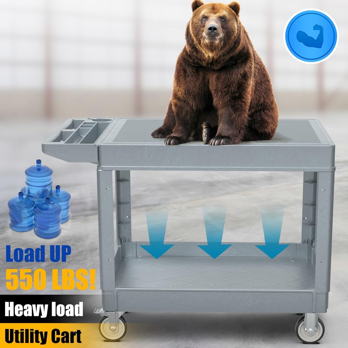 2 Tier Rolling Utility Cart on Wheels, 550 lbs Capacity Flat Top Plastic Service Cart with Lipped Shelves, 46 x 26-Inch Heavy Duty Work Cart for Warehouse, Garage, Cleaning, Gray