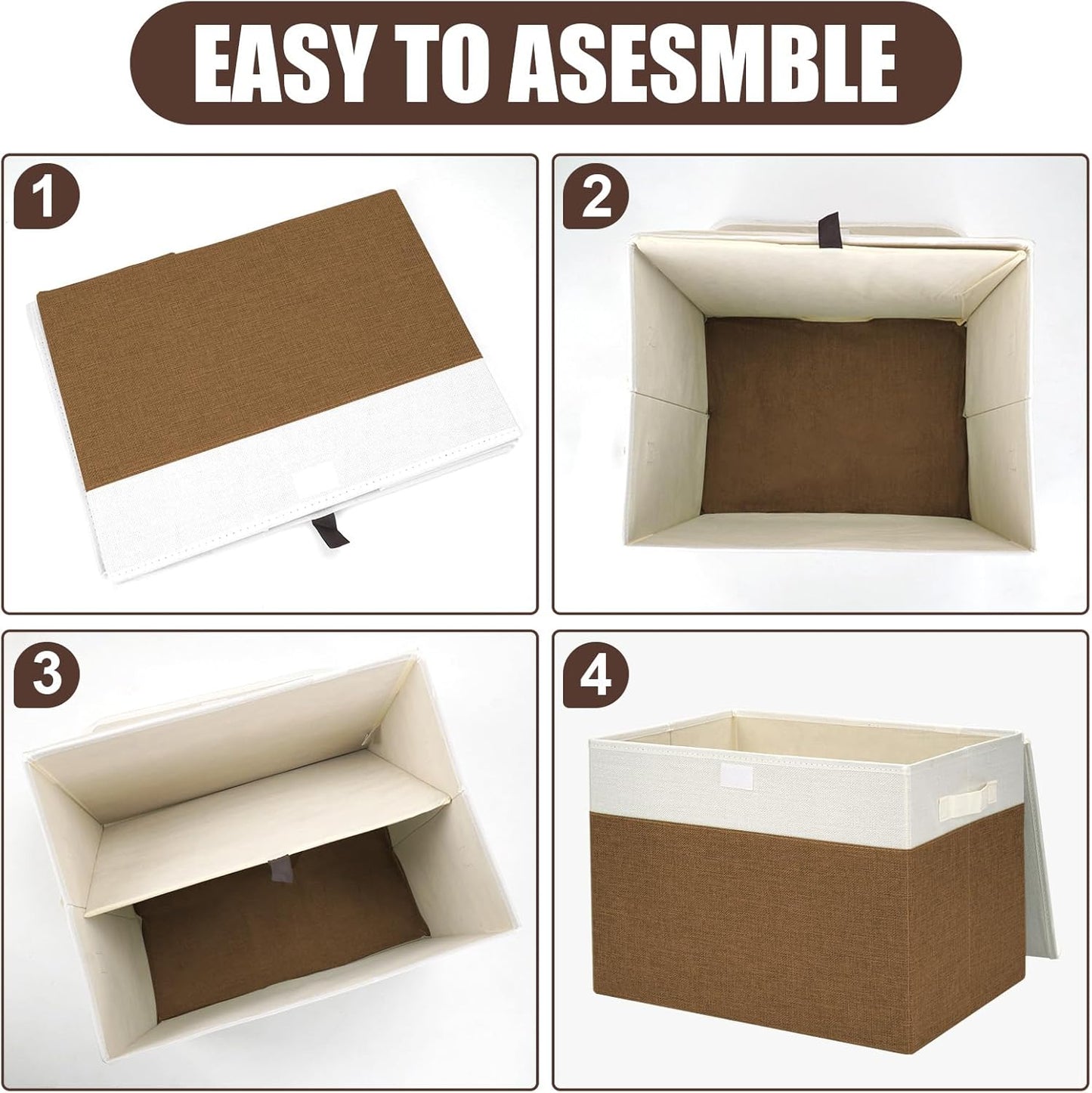 Large 17" 42 Quarts Collapsible Stackable Storage Bins with Lids [3-Pack] Foldable Fabric Linen Storage Boxes Cube, Closet Organizer Baskets with Label for Home (16.7 x 12 x 12", Brown & White)