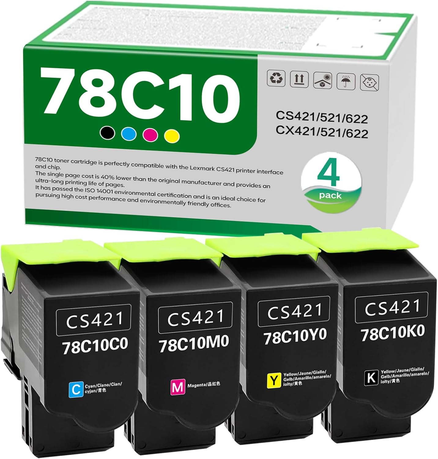 78C10K0 78C10C0 78C10M0 78C10Y0 High Yield Toner Cartridge Replacement for Lexmark CS421 CS521 CS622 CX522 CX421 CX622 CX625 CS622de CS521dn CS421dn CX421adn CX522ade Printer （4 Pack）