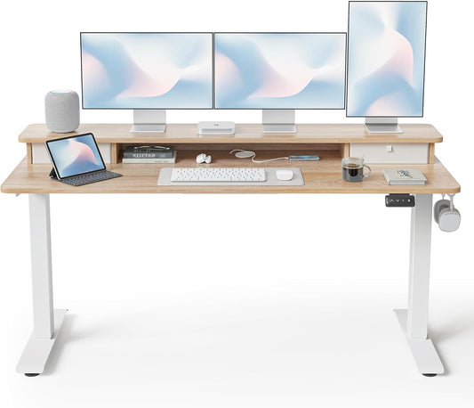 FEZIBO 60 x 24 Inch Height Adjustable Electric Standing Desk with Double Drawer, Computer Desk, Home Office Stand Up Table with 4 Height-Adjustable Feets & 2 Hooks, Maple