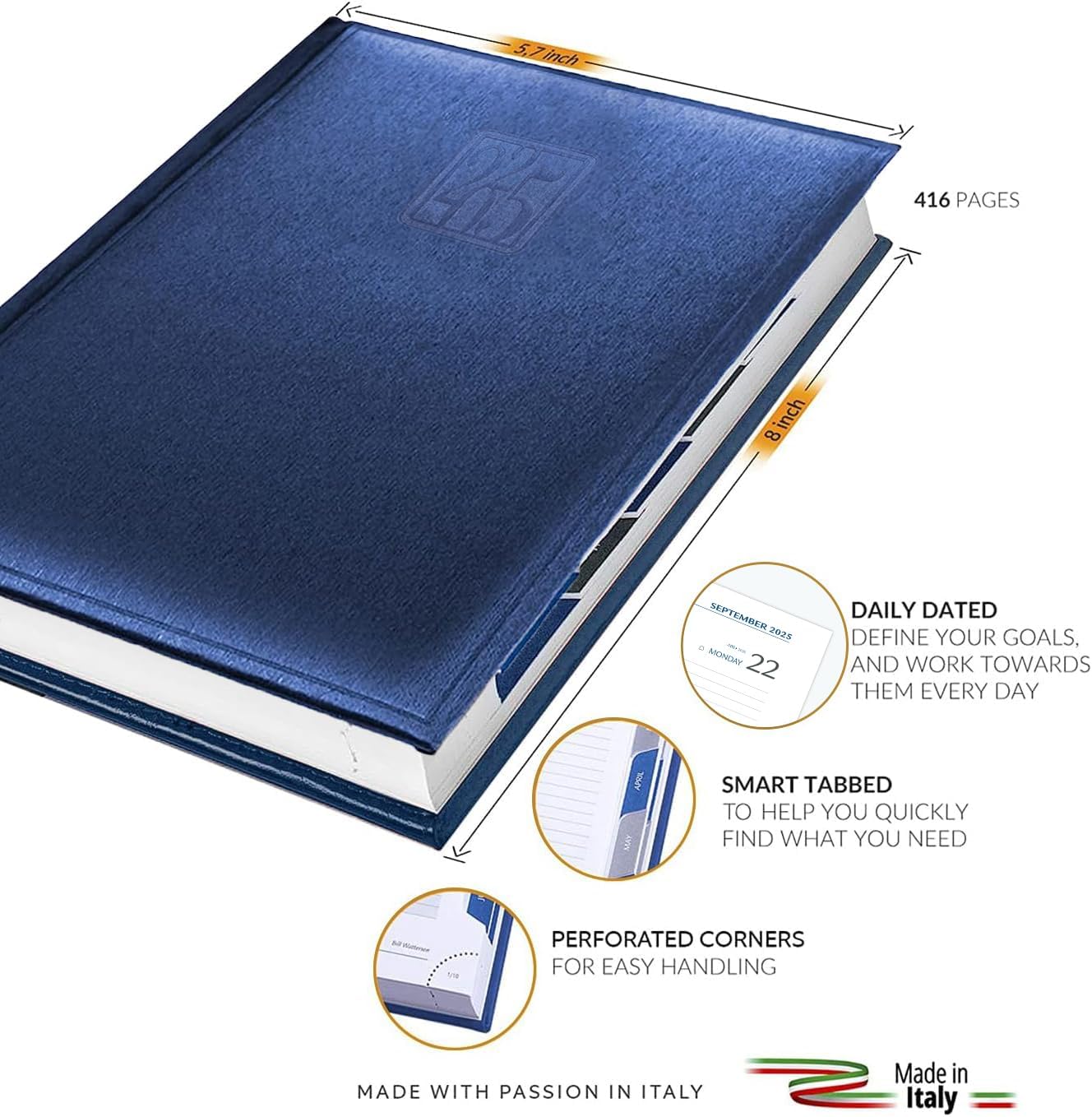 Daily Planner 2025 Page a Day – A5 Business Agenda 2025, Hourly Daily Planner 5x7, 365 Page Organizer with Monthly Tabs & Calendar, 2025 Diary for Men and Women (BLUE 2025)