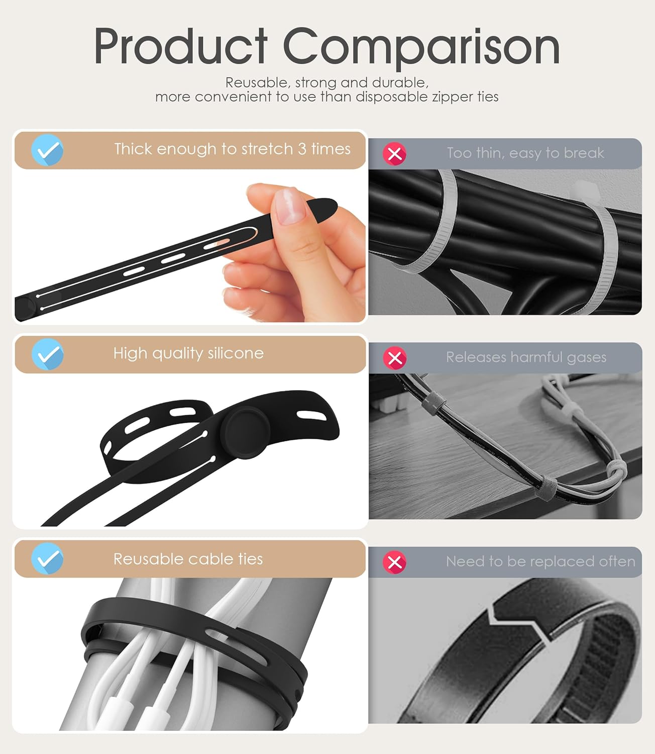 Nearockle Latest Double-Sided Silicone Cable Ties, 12Pcs Reusable Cord Organizer for Bundling Phone Charger and USB Cable, Multifunctional Organizer for Travel Home (Black)