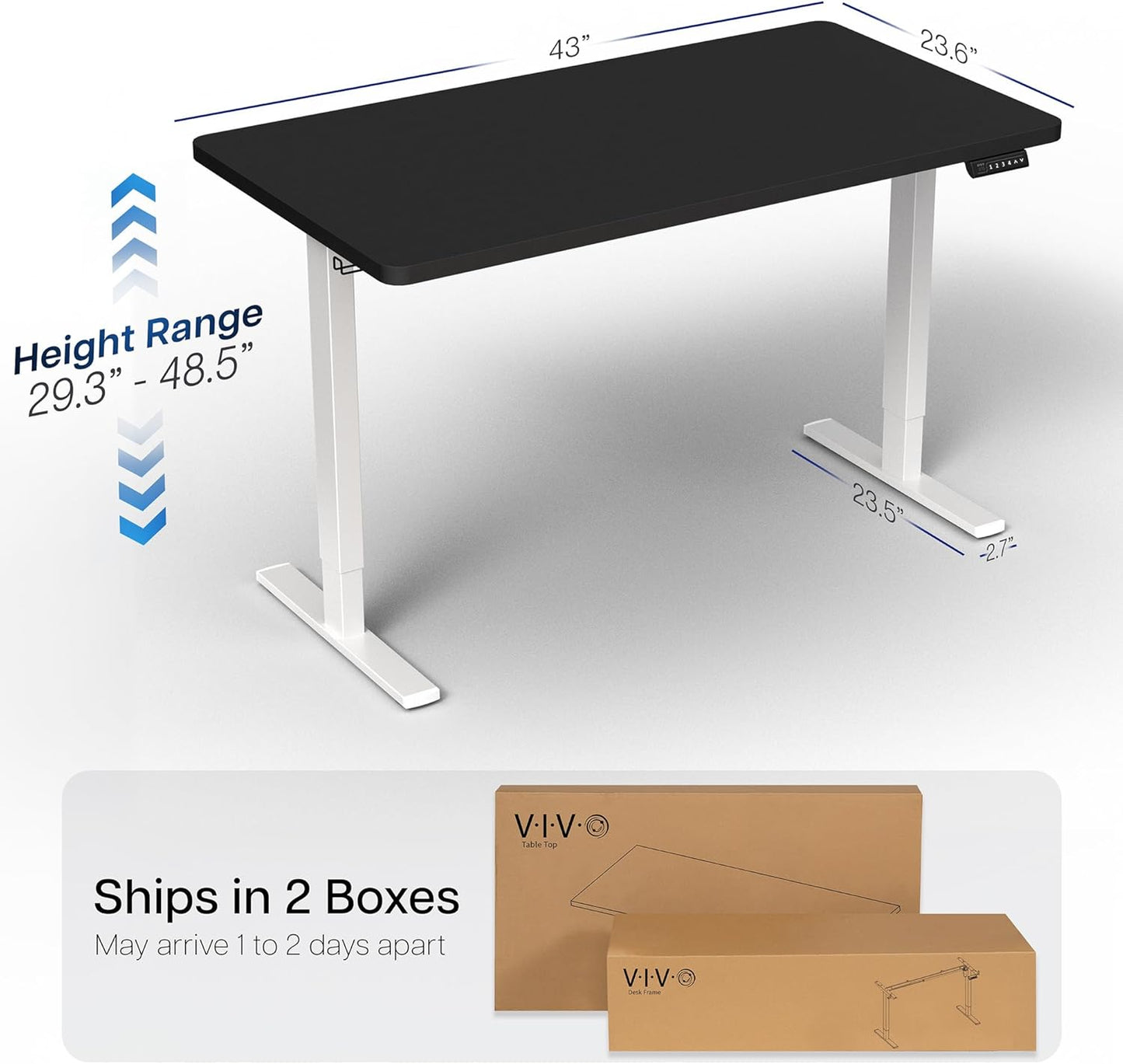 VIVO Electric 43 x 24 in Standing Desk, Memory Height Adjustment, 1B Series, One-Piece Black Top, White Frame, DESK-KIT-1W4B