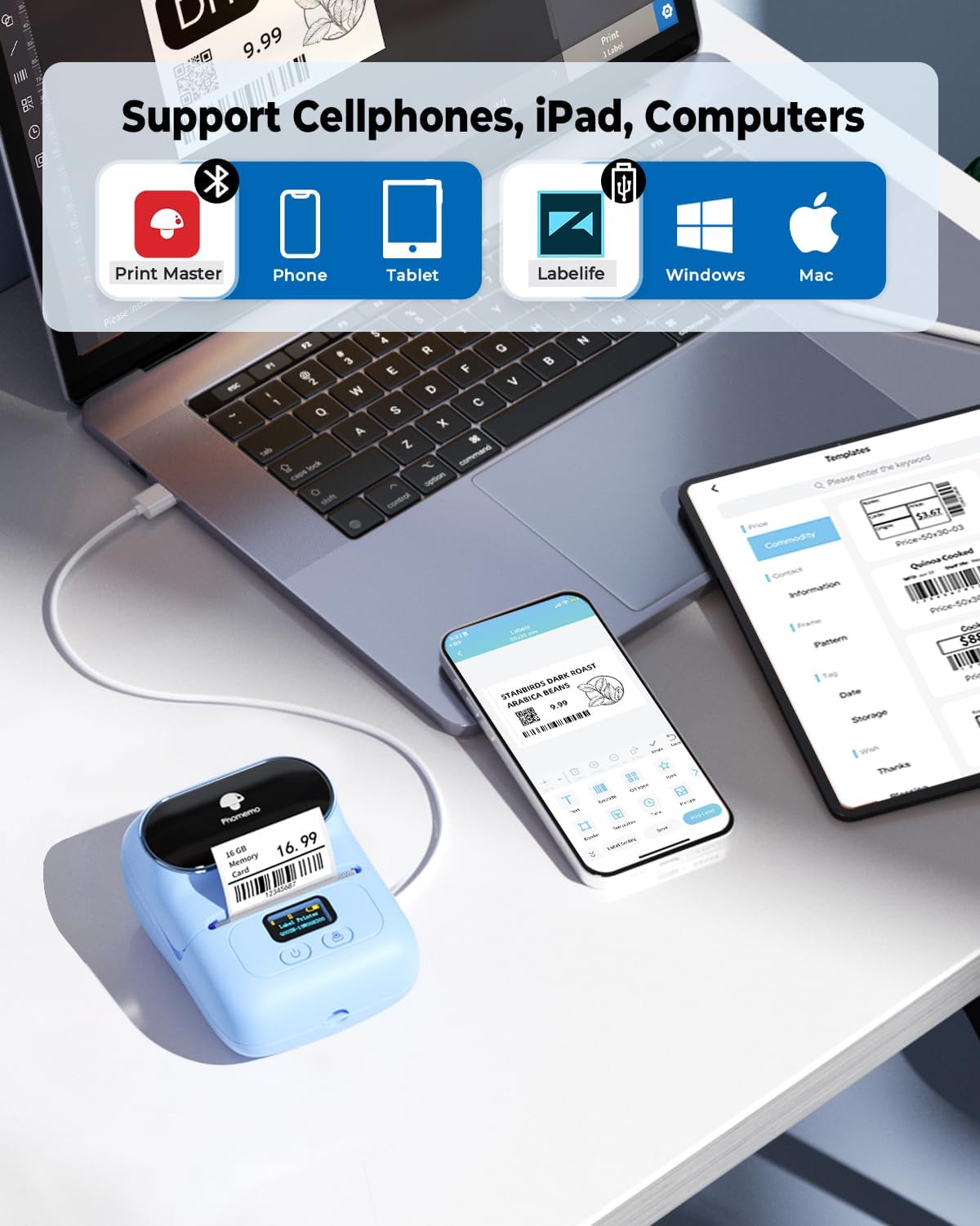 Phomemo Label Printer - M110 Barcode Printer, Upgraded Bluetooth Portable Thermal Label Maker for Product, Address, Small Business, Office, Home for Phone/Tablet/PC/Mac, with 100pcs Labels, Lake Blue