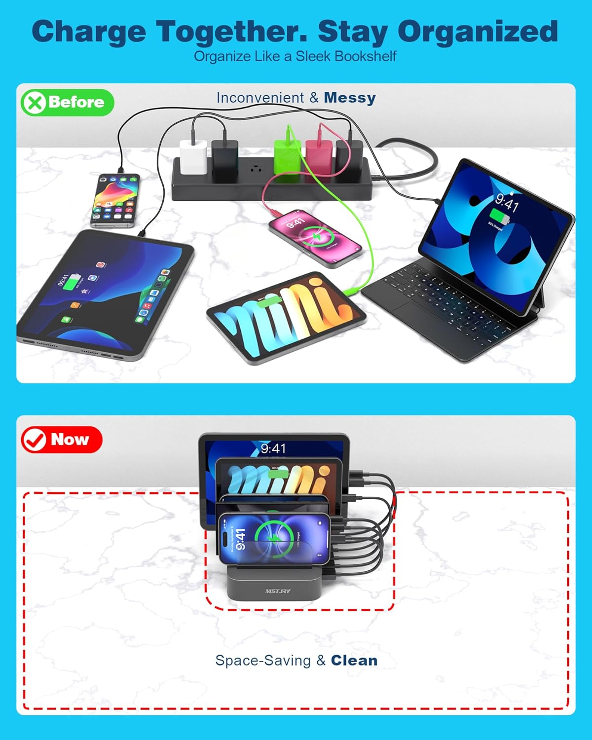 MSTJRY Charging Station for Multiple Devices : 5 Port Multi USB-A Charger Stations Multi-Device Organizer Charging Dock Designed for iPhone iPad Cell Phone Tablets (7 Short Cables Included), Gray